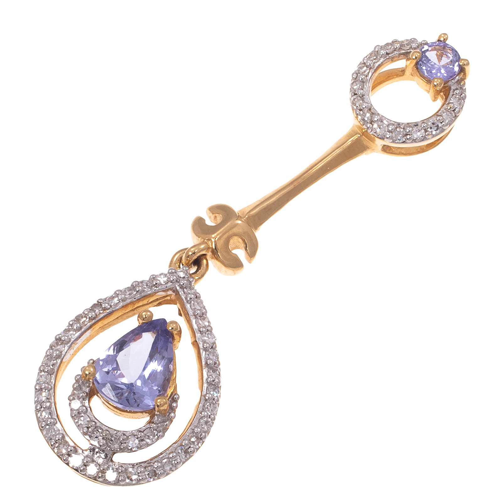Tanzanite, Diamond, 18k Yellow Gold Pendant: Tanzanite, Diamond, 18k Yellow Gold Pendant Featuring one pear-shape and one round-cut tanzanite weighing a total of approximately 0.72 cttw., accented by fifty single-cut diamonds weighing a total