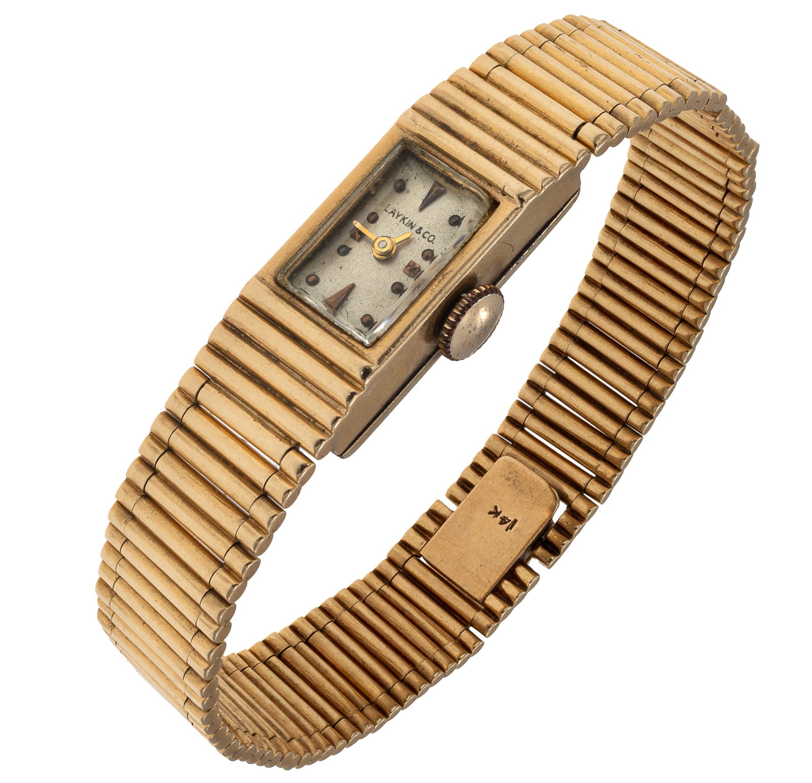 Ladies Laykin & Co. 14k Yellow Gold Wristwatch: Ladies Laykin & Co. 14k Yellow Gold Wristwatch DIAL: Rectangle, silvered, applied gilt dot, triangle and pyramid hour markers, gilt baton hands, Laykin & Co. MOVEMENT: Manual wind, seventeen (17) jewe