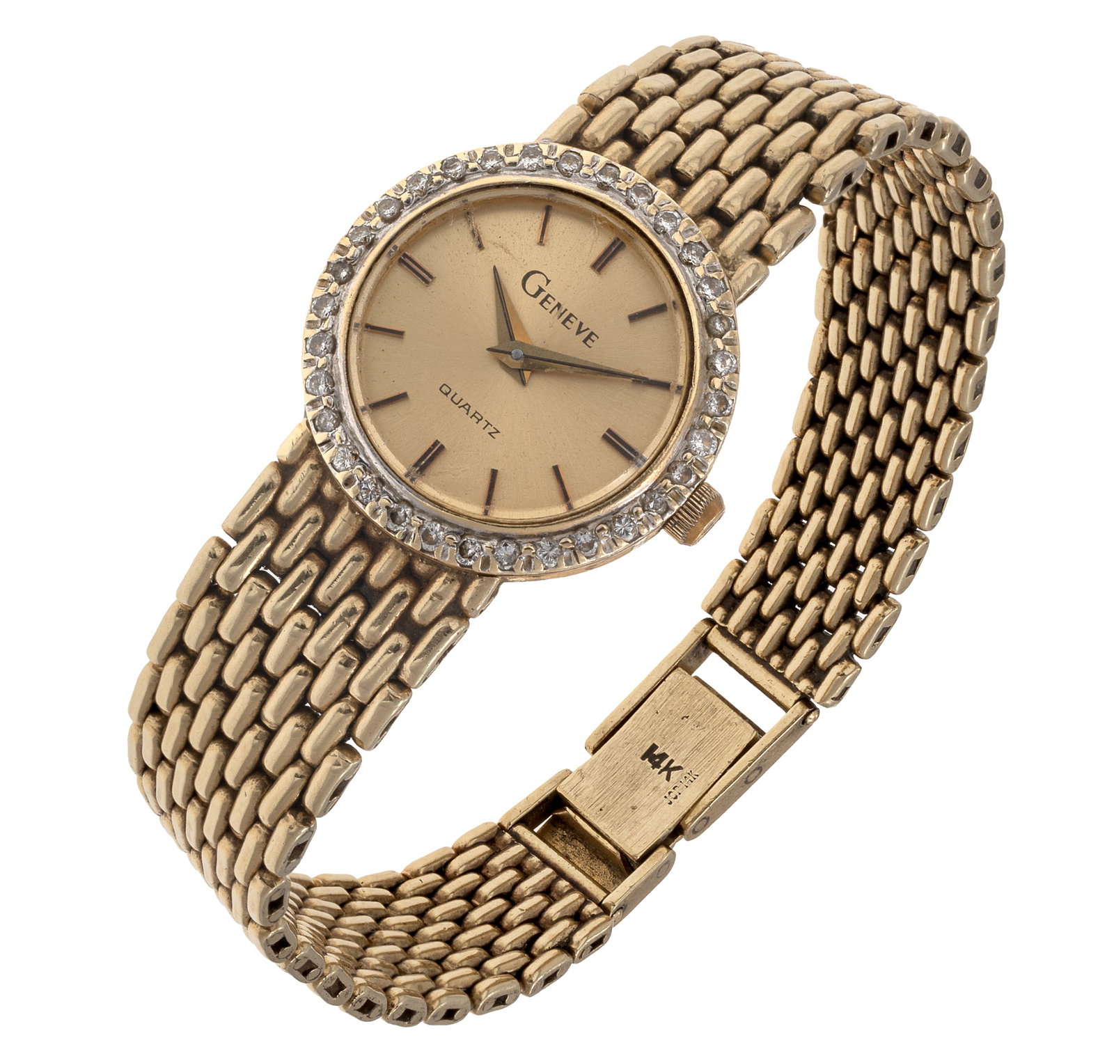 Ladies Geneve Diamond, 14k Wristwatch: Ladies Geneve Diamond, 14k Wristwatch DIAL: Round, champagne, applied stick hour markers, gold dauphine hands, Geneve, Quartz. MOVEMENT: Quartz (case not opened). CASE: Round, 14k yellow gold, 20.0
