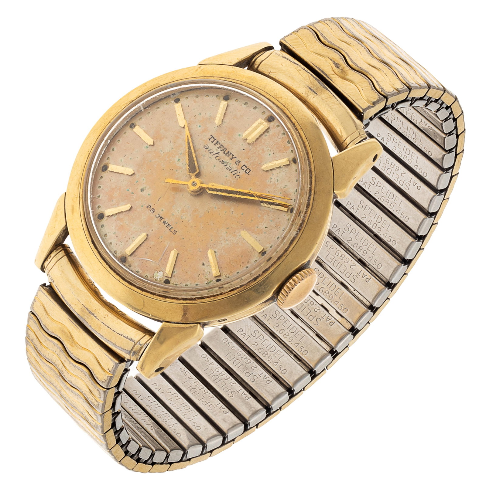 Gents Tiffany & Co., 14k Yellow Gold, Gold-Plated Wristwatch: Gents Tiffany & Co., 14k Yellow Gold, Gold-Plated Wristwatch DIAL: Round, silvered, applied stick hour markers, center seconds sweep, luminous alpha hands, Tiffany & Co., Automatic, 28 Jewels, Switzer