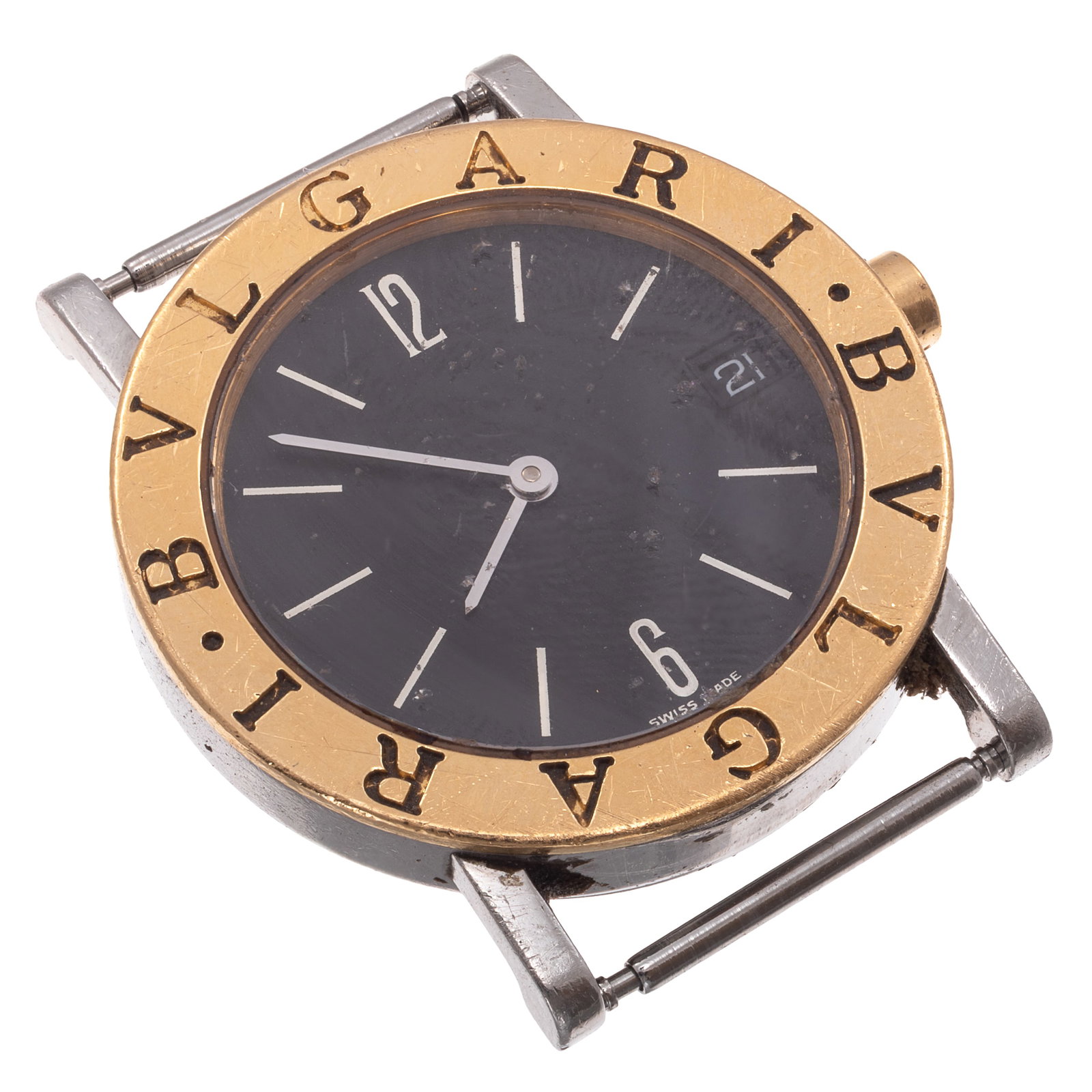 Bulgari 18k, Stainless Steel Watch Head: Bulgari 18k, Stainless Steel Watch Head DIAL: Round, black, silver Arabic and stick hour markers, silver baton hands, date aperture at 3 o'clock, Swiss Made. MOVEMENT: Quartz, eight (8) jewels,