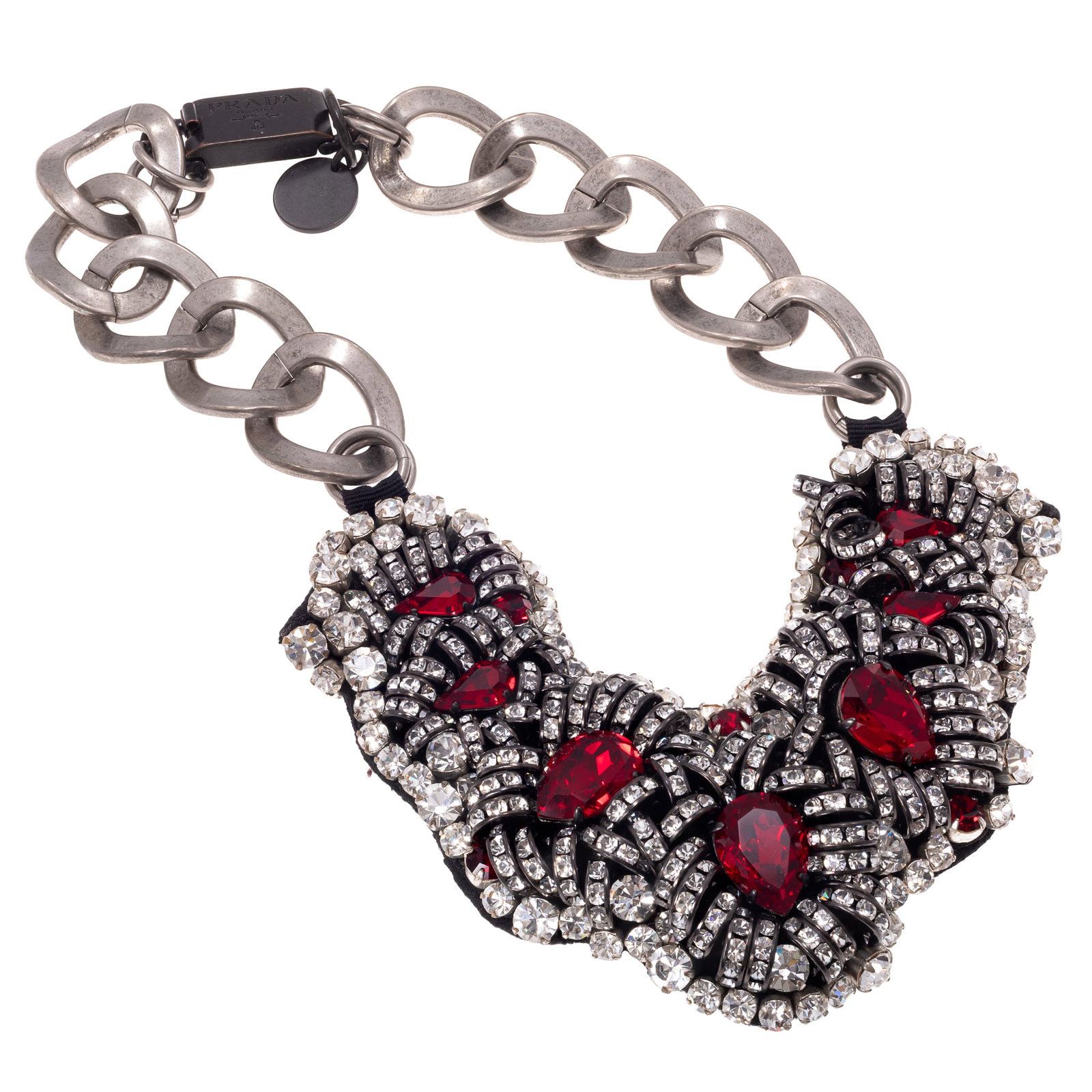 Prada Crystal, Fabric, Metal Collar Necklace: Prada Crystal, Fabric, Metal Collar Necklace Featuring red and colorless crystals joined to grosgrain ribbon, suspended by gunmetal cable links forming a 16 inch necklace. Hang tag, clasp and back of