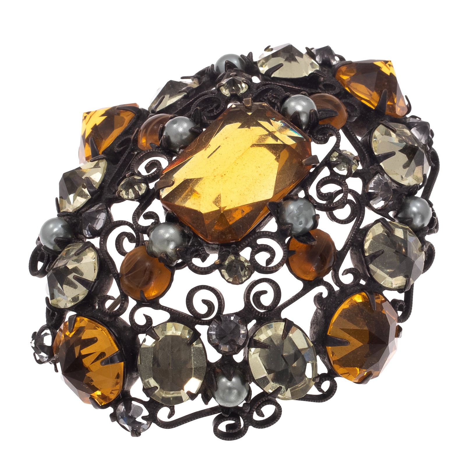 Schreiner Glass, Simulated Pearl, Metal Brooch: Schreiner Glass, Simulated Pearl, Metal Brooch Featuring faceted and cabochon-cut glass, accented by simulated pearls, set in a domed, blackened metal pin mounting measuring approximately 2.30 x 2.00 