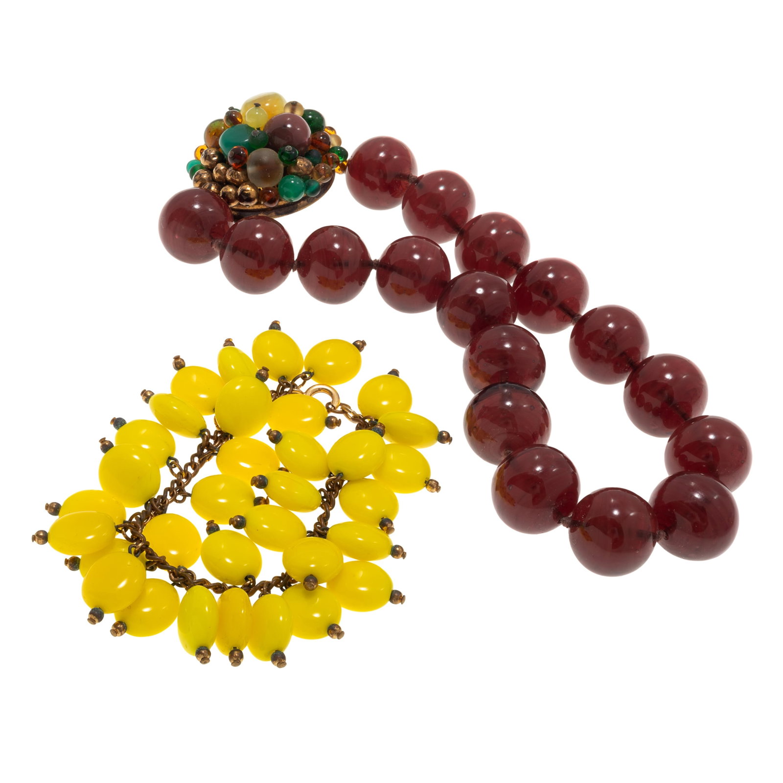 Vintage 1940s Glass, Gold-tone Jewelry: Vintage 1940s Glass, Gold-tone Jewelry Including a necklace composed of near round glass beads, completed by a gold-tone circular clasp accented by multi-colored glass, 16 inches; together with a