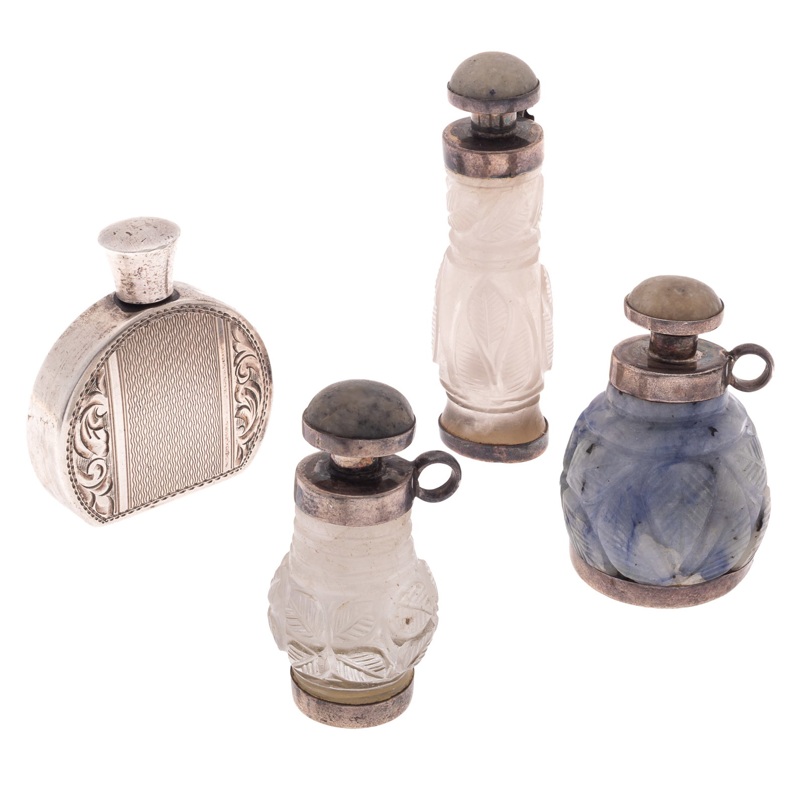 Victorian Perfume or Snuff Bottles: Victorian Perfume or Snuff Bottles One agate carved bottle and two molded glass floral design bottles 2in and 1 1/2in (5cm. and 4cm) h. and one Art Deco silver plate perfume bottle 1 1/2in (4cm) h.