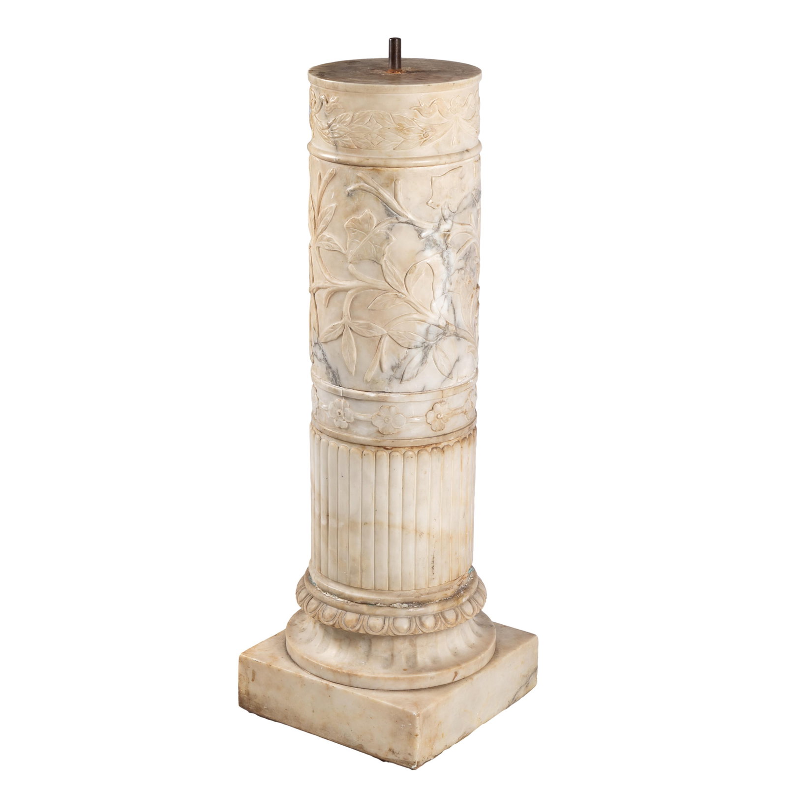Neoclassical Carrara Marble Plinth: Neoclassical Carrara Marble Plinth Carved with a band of laurel vines above grape vines and a reeded band above a square base. 36in (91cm) h. Condition: metal rod protrudes through top Note: Heavy