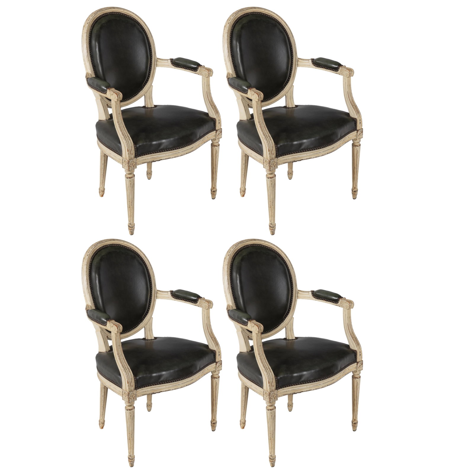 Four Louis XVI Style Armchairs: Four Louis XVI Style Armchairs Each with leather upholstered back and seat, out set padded arms raised on fluted tapering legs. 37in (94cm) h. 22in (56cm) w. Condition: Overall loss to painted surface