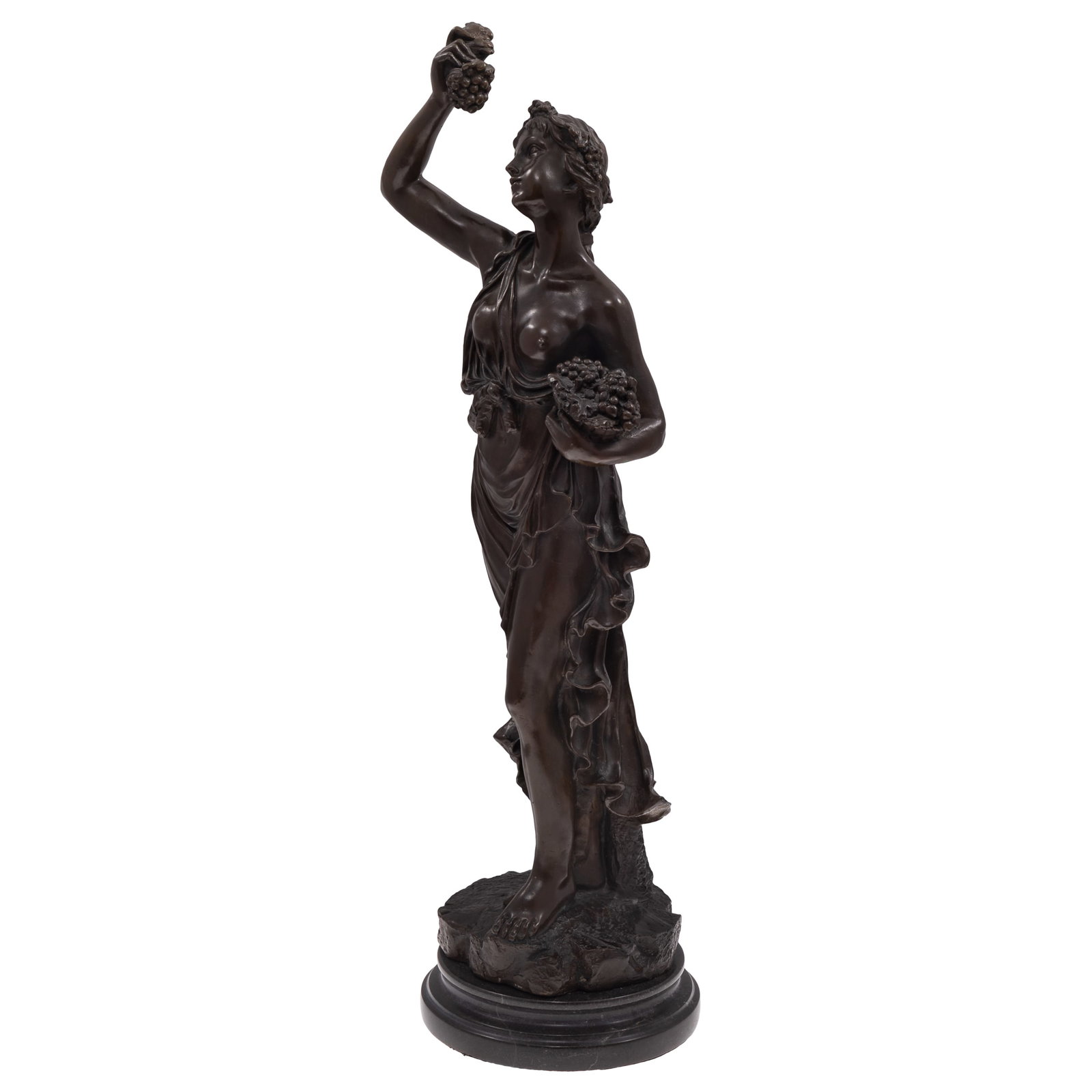 Auguste Moreau (French, 1832-1927) Bronze: Auguste Moreau (French, 1832-1927) Bronze Depicting a Bacchante in loose pleated robe gazing upwards and holding aloft a grape cluster in one hand and a basket of grapes in the other on a stepped base