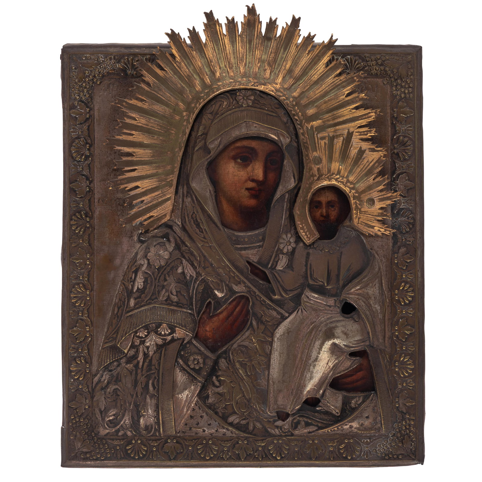 Russian Icon of the Smolensk Mother of God: Russian Icon of the Smolensk Mother of God Third Quarter 19th Century With chased silver and gilt oklad 12in. x 10in (30cm. x 25cm)