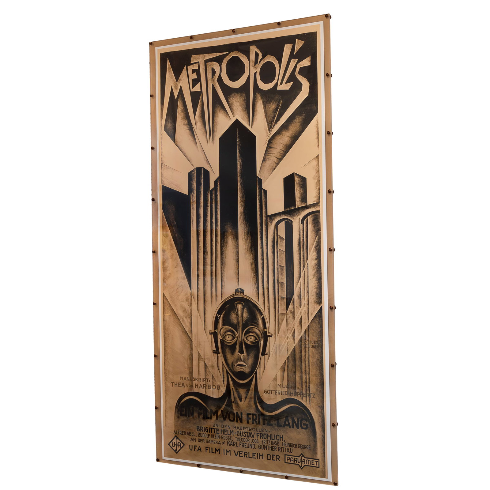 Fritz Lang Metropolis Movie Poster: Fritz Lang Metropolis Movie Poster Offset color lithograph, a contemporary reprint of the original poster from 1927, of Fritz Lang's science-fiction genre movie, framed. 95 x 44in. (241 x 114cm).