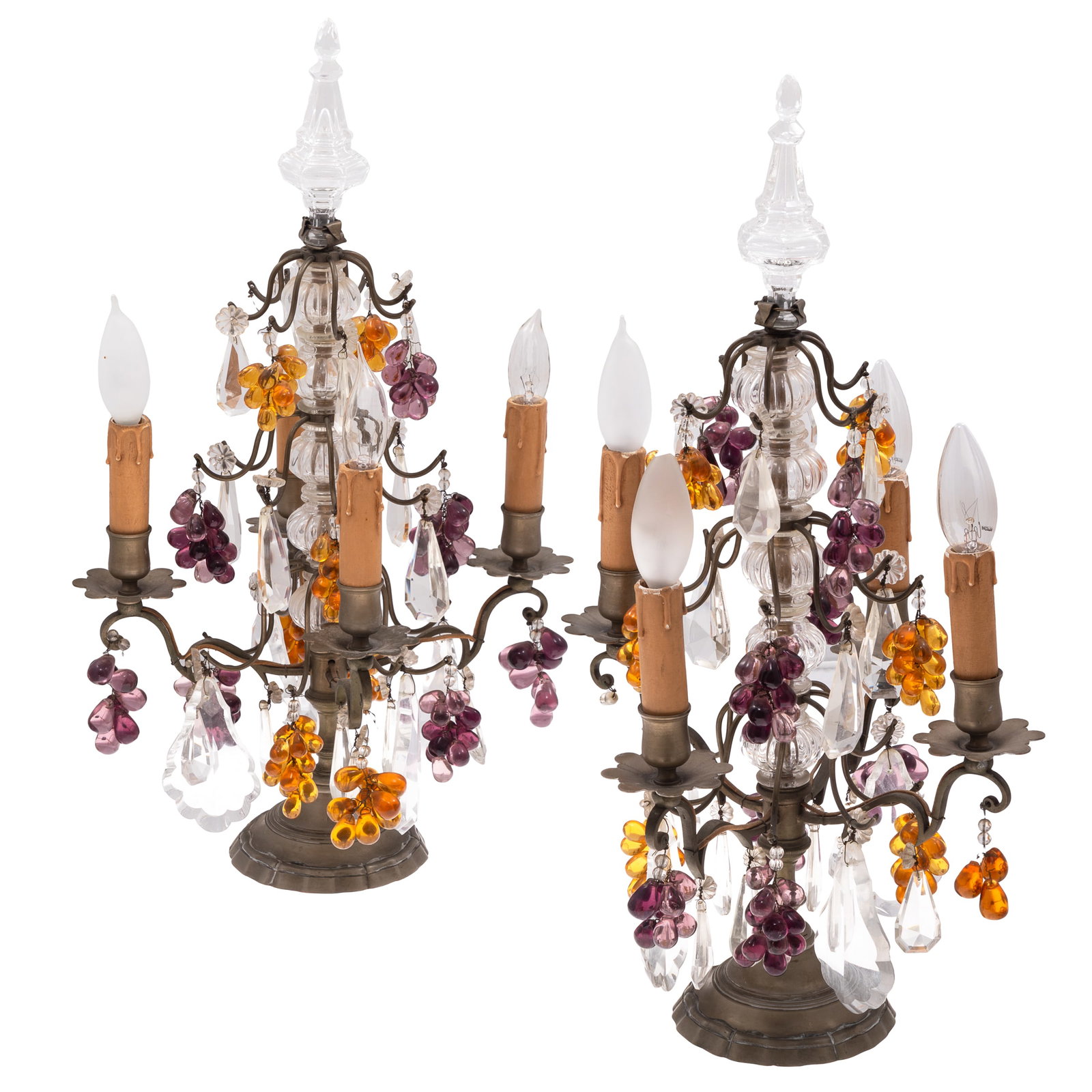 Pair Rococo Style Girandole Lamps: Pair Rococo Style Girandole Lamps Each withe a minaret form finial over faceted baluster central supports issuing four scrolled candle arms each ending in a floral bobeche, overall hung with faceted c