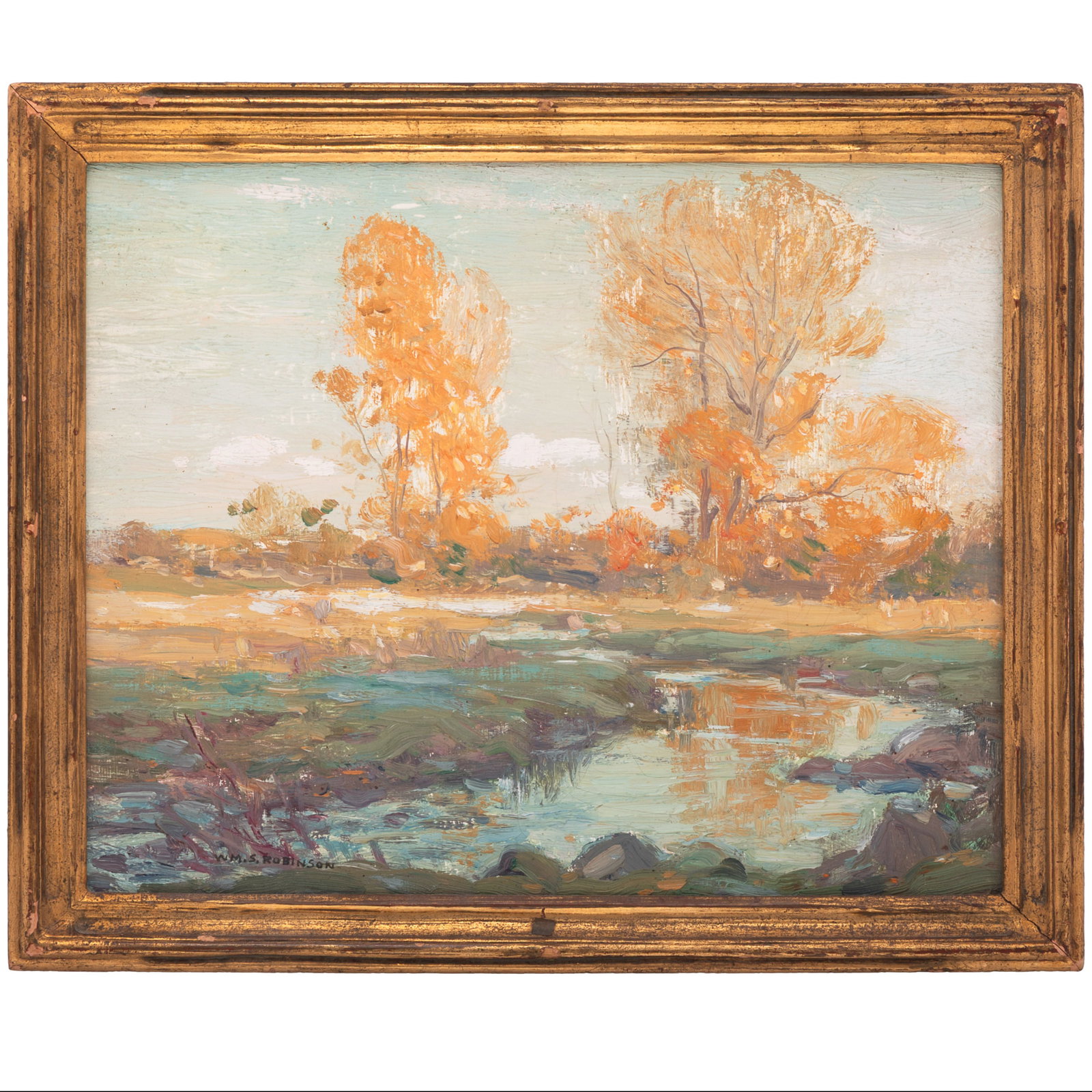 William Smith Robinson (American, 1861–1945).: William Smith Robinson (American, 1861–1945). Autumn Brook. Oil on board, signed lower left and on verso, framed. 8 1/2 x 9 1/2in. (22 x 25cm). Framed: 9 1/2 x 11 1/2in. (24 x 19cm). Provenance: Lym