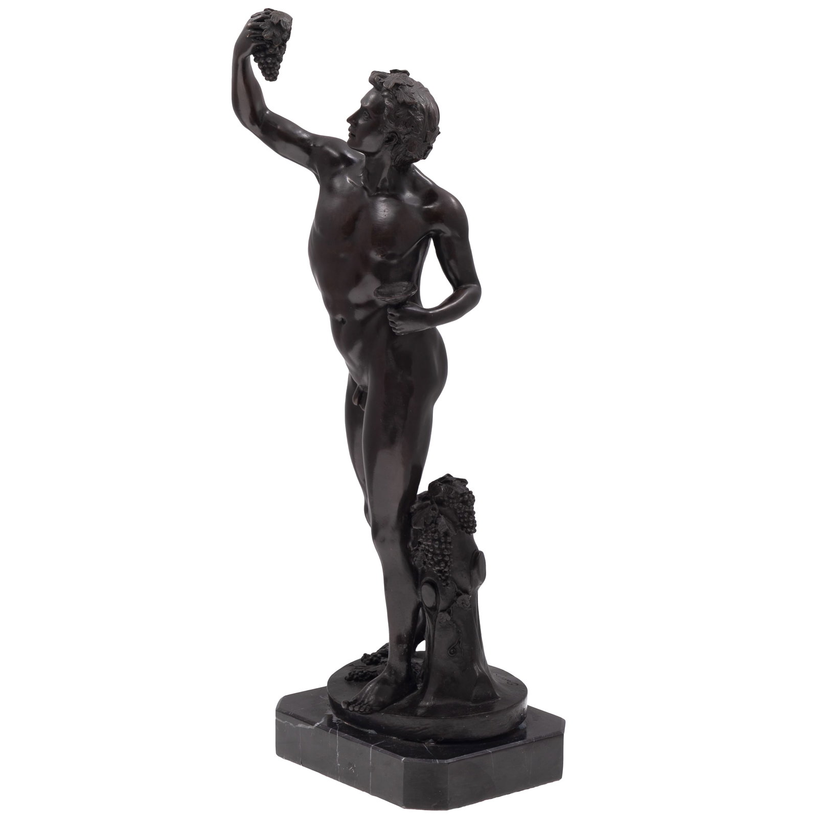 Louis Gossin (1846-1928 French), Bronze: Louis Gossin (1846-1928 French) Bronze The figure of Bacchus with grape vine crown standing contra posto holding aloft and gazing at a ripe cluster of grapes. Stamped Gossin 23in (59cm) h Condition: F