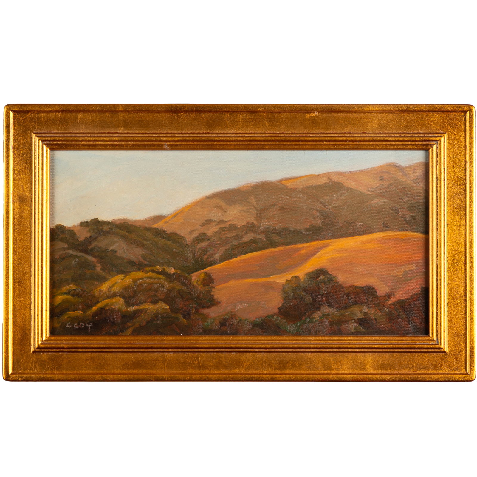 Christin Coy (Norwegian/American, b.1952).: Christin Coy (Norwegian/American, b.1952). Early Summer Lucas Valley, 2001. Oil on canvas, signed 'C. Coy' (lower left), framed. 10 x 19 1/2 in. (25.5 x 49.5 cm). 14 1/2 x 24 1/2in. (37 x 62