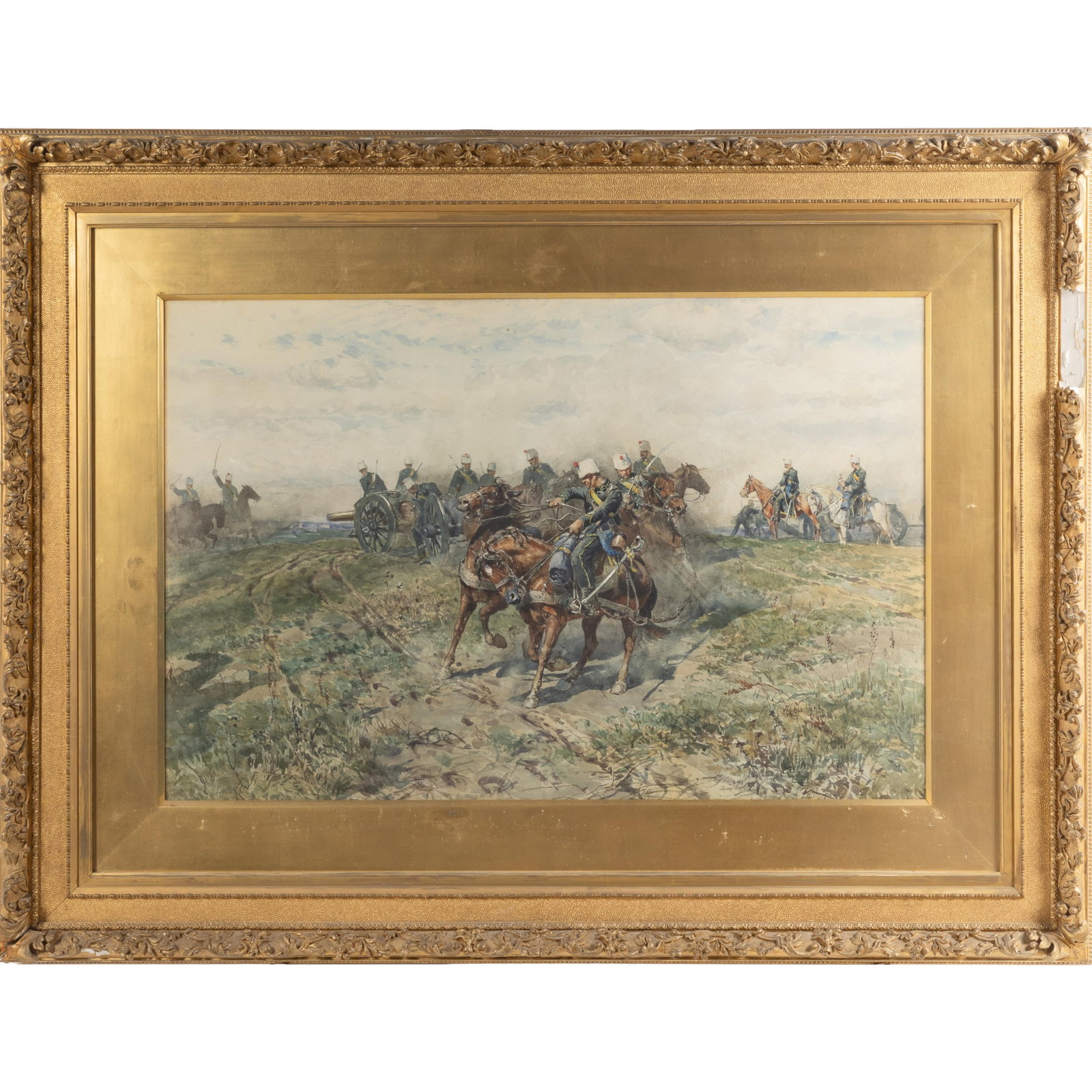 Enrico Henri Coleman (Italian/British, 1846-1911): Enrico Henri Coleman (Italian/British, 1846-1911) Charge of the Cavalry. Watercolor on paper, signed 'HE Coleman - Roma' (lower right), framed. 24 x 36 1/2in. (61 x 92.5cm). 41 x 53in. (104 x