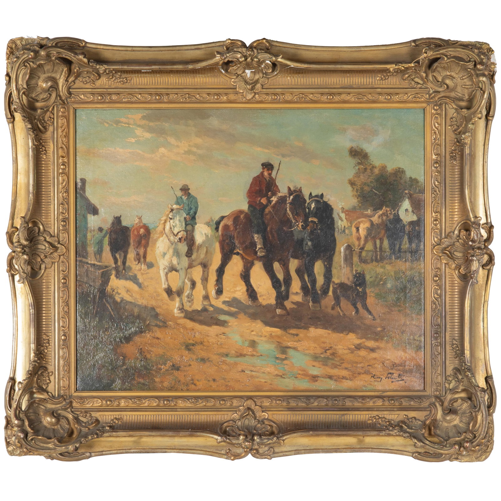 Hungarian School (19th Century): Hungarian School (19th Century) Riding the Horses. Oil on canvas, bears indistinct signature (lower right), framed. 21 1/2 x 26in. (54.7 x 66cm). 30 x 35in. (76.2 x 89cm/frame). Provenance: