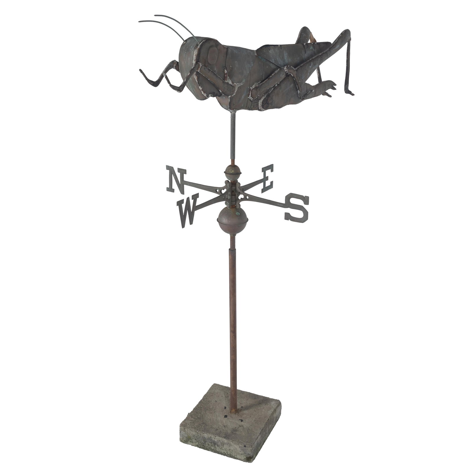 Grasshopper Weathervane: Grasshopper Weathervane Presented in mid hop with hind legs flexed and front legs forward. above a support with directional. 6oin (153cm) h. 38in (97cm) l. Condition: Weathering, one leg broken at joi