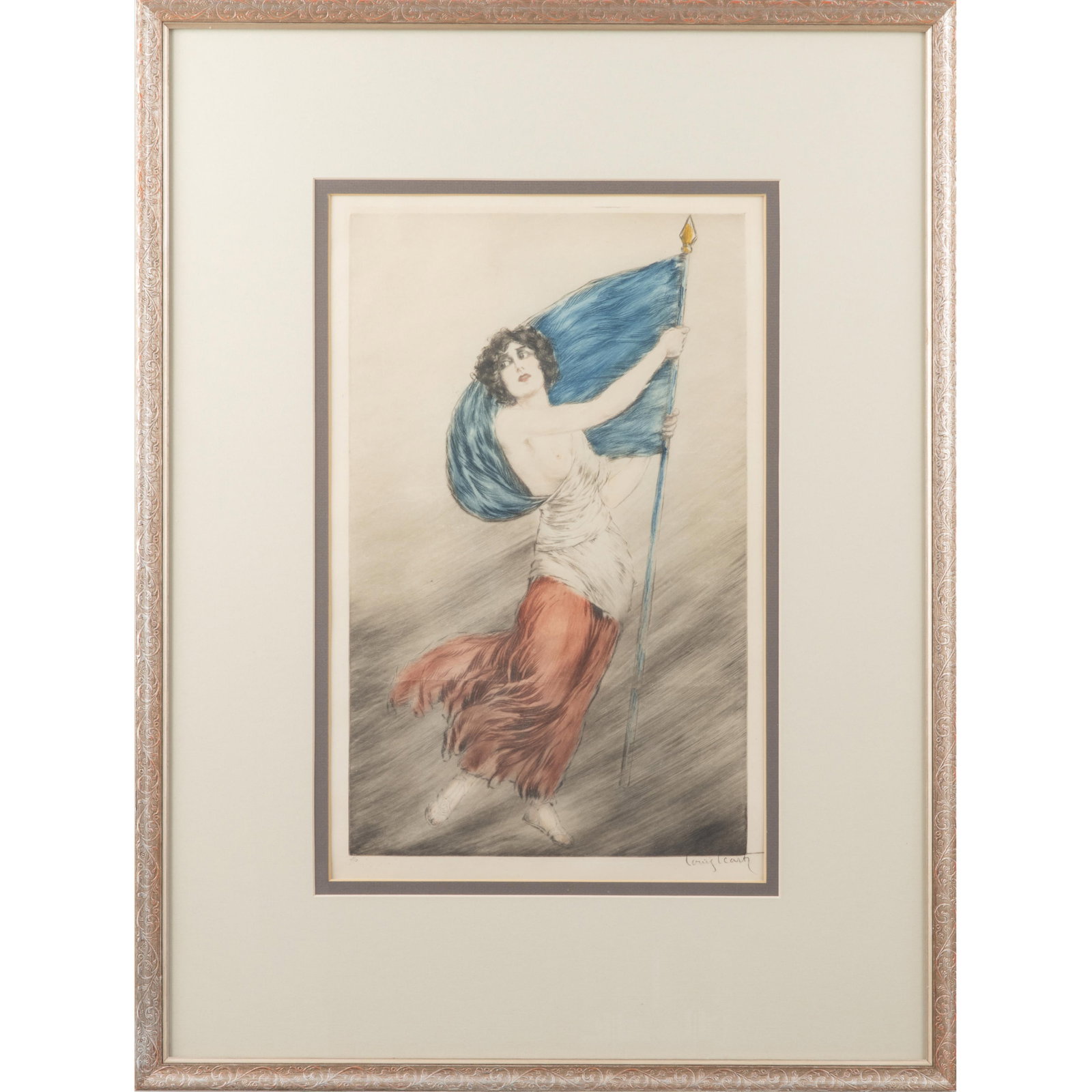 Louis Icart (French, 1888-1950): Louis Icart (French, 1888-1950) Marianne (La Marseillaise), circa 1918. Etching and drypoint with touches of hand-coloring on wove paper, signed in pencil, numbered 1/10, with margins, framed. 19 1/2 