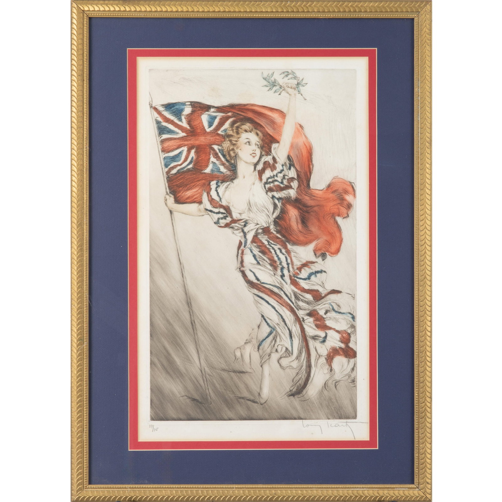 Louis Icart (French, 1888-1950): Louis Icart (French, 1888-1950) Britannia, circa 1918. Etching and aquatint with touches of hand coloring printed on wove paper, signed in pencil, numbered 37/75, with margins, framed. 19 1/2 x 11