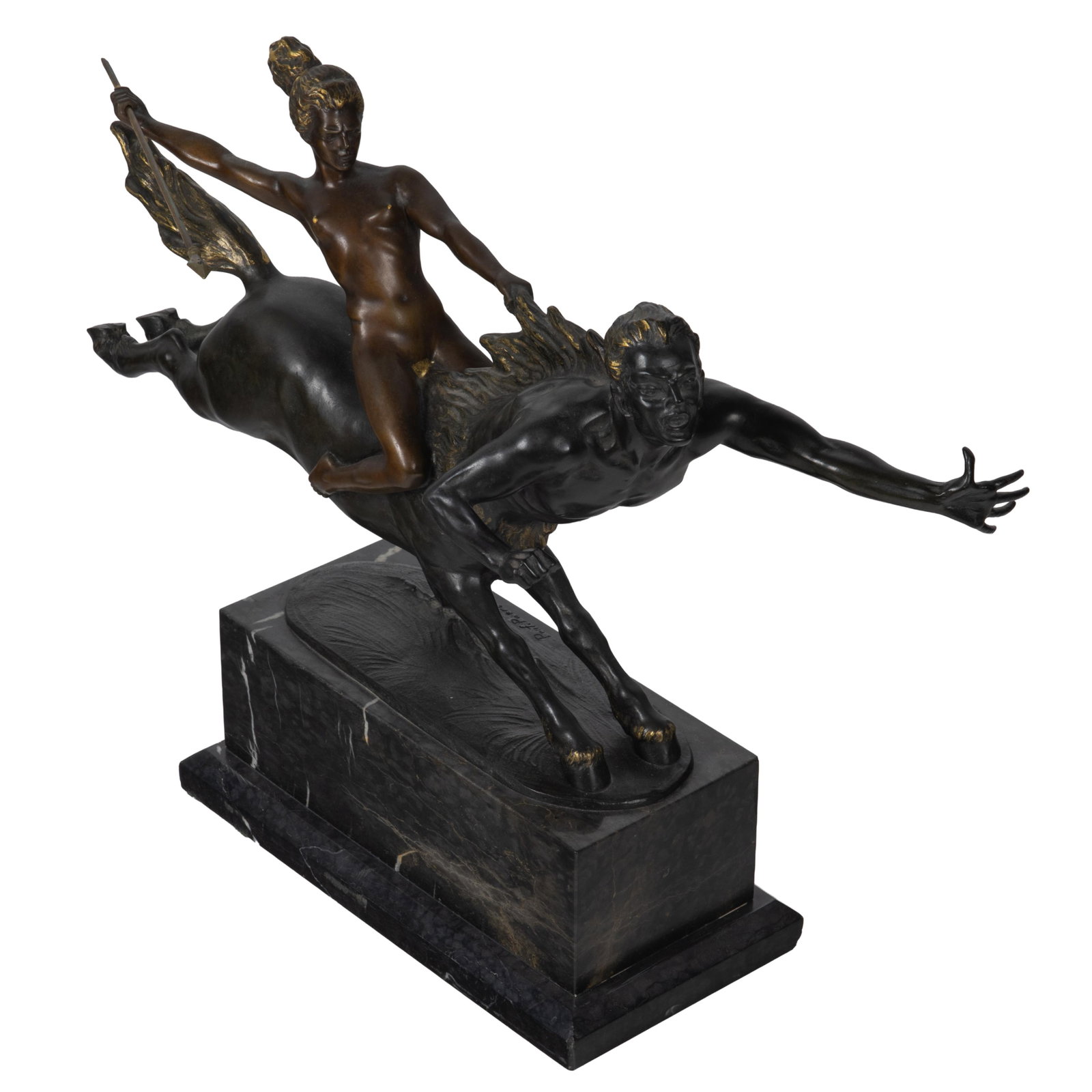 Bronze Otto Poertzel (German 1876-1963): Bronze Otto Poertzel (German 1876-1963) 'Storming Centaur' The Centaur portrayed at gallop with an Amazon struggling at the reins. On a marble plinth. 20in (51cm) h. 26in (66cm) Otto Poertzel