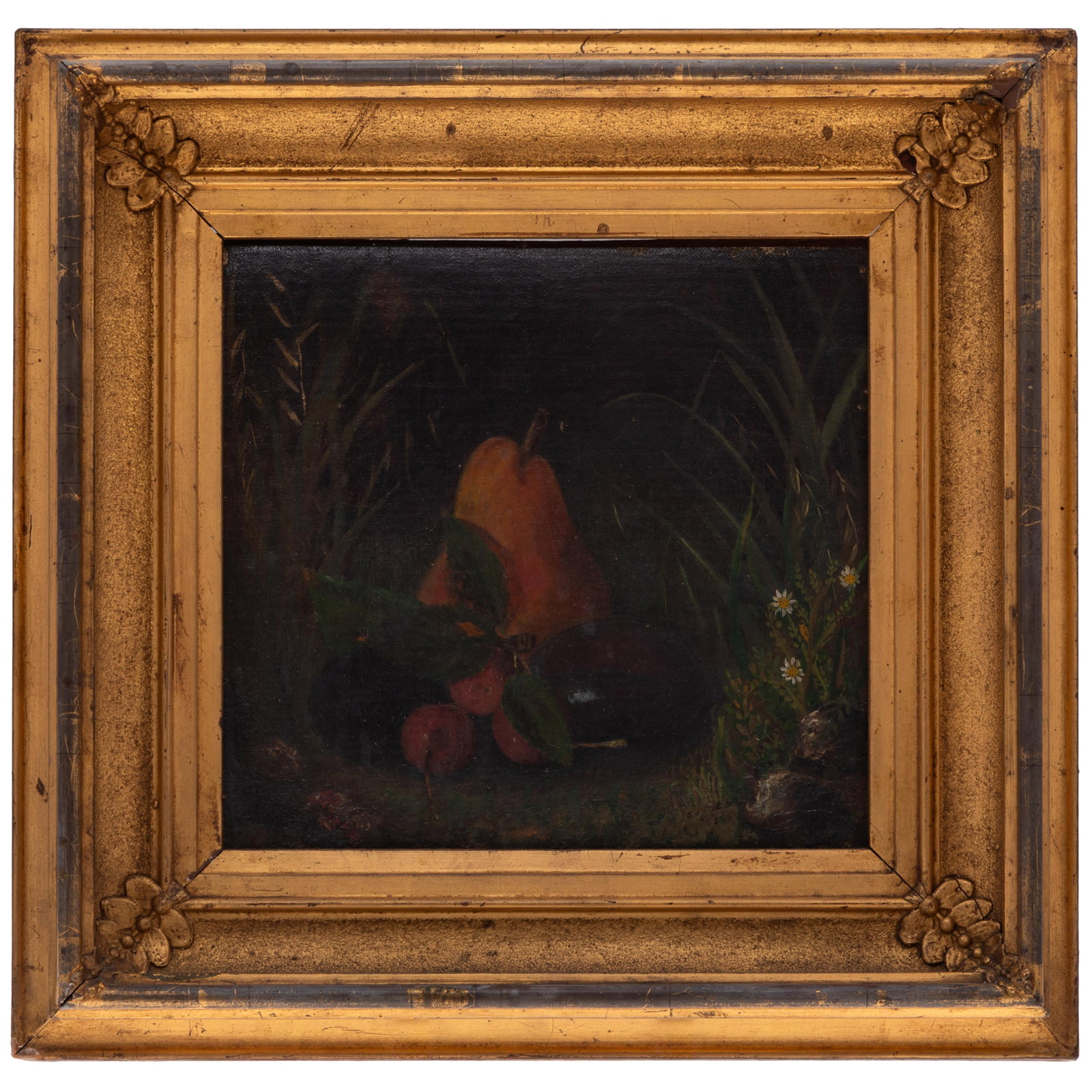 Thomas Couture (French, 1815-1897) Attributed: Thomas Couture (French, 1815-1897) Attributed Still Life with Pear. Oil on board, indistinct signature (lower left), framed. 9 1/2 x 9in. (24 x 23cm) Framed: 15 x 15in. (38 x 38cm)