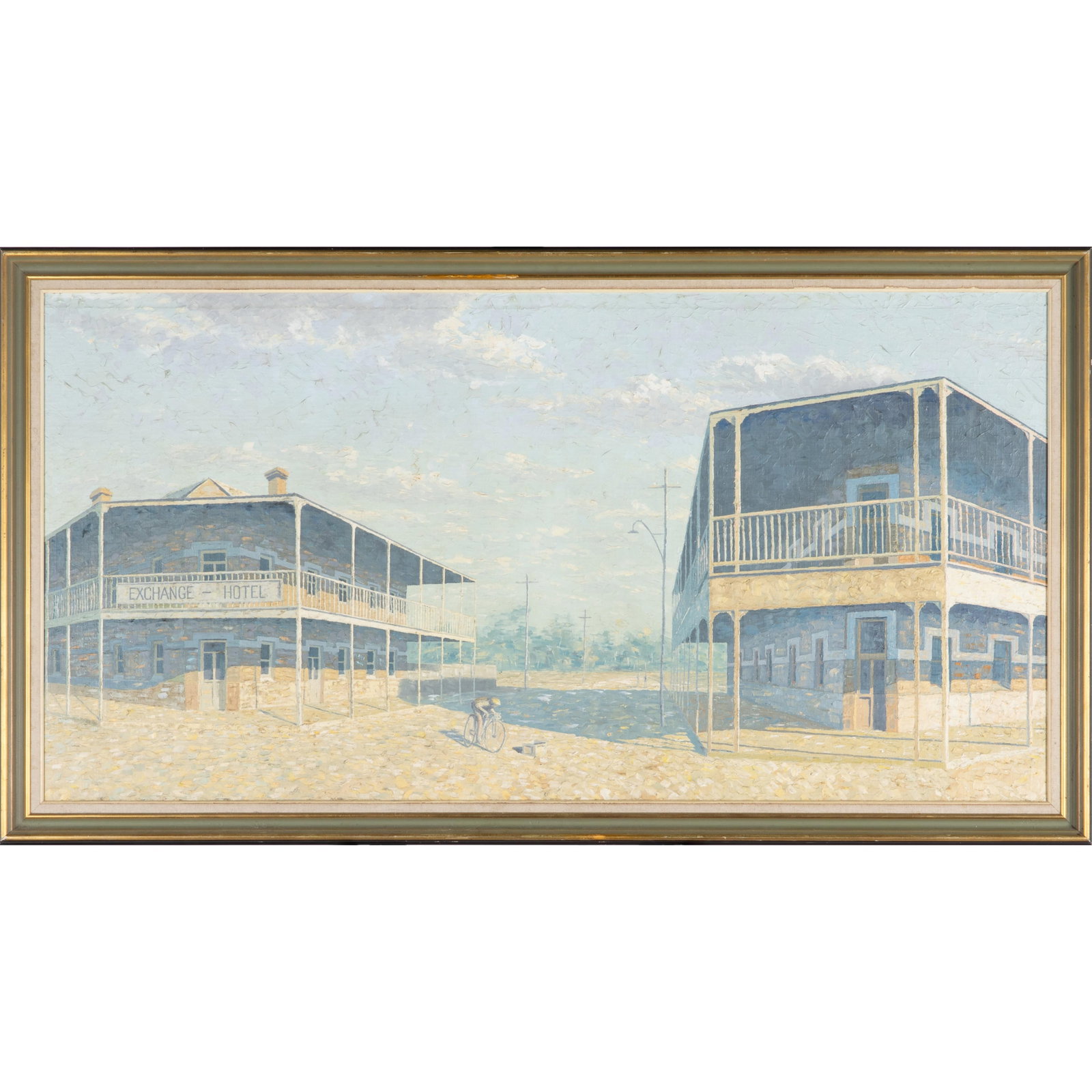 Layton Thomson (Australian, 20th-21st Century): Layton Thomson (Australian, 20th-21st Century) Exchange Hotel. Oil on board signed lower right, framed. 23 1/2 x 46 1/2in. (60 x 119cm). Layton Thomson is an Australian artist whose work frequently
