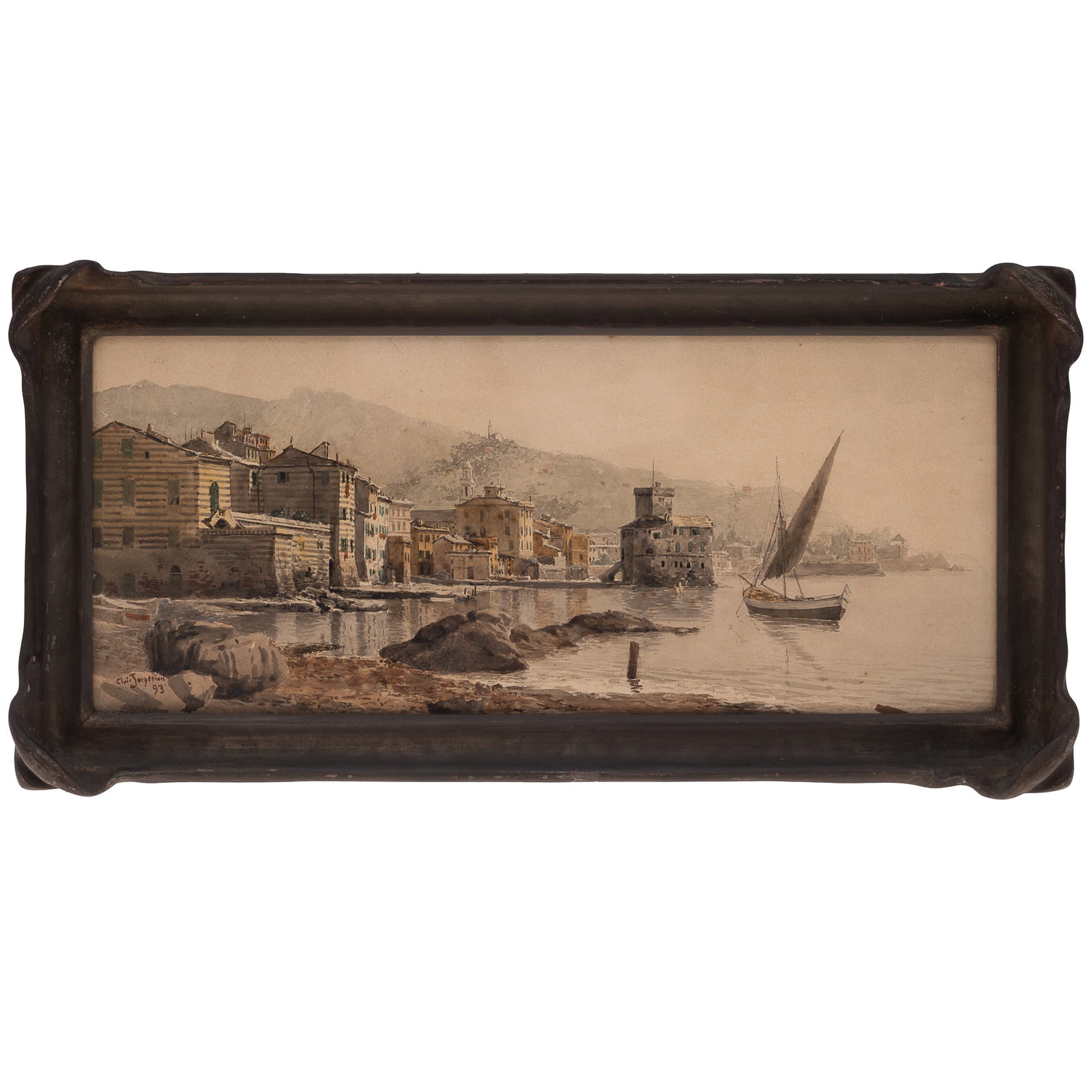 Christian August Jorgensen (Norwegian/American, 1860-1935).: Christian August Jorgensen (Norwegian/American, 1860-1935). View of an Adriatic Town, 1893. Watercolor on paper, signed and dated 'Chris Jorgensen 93' (lower left), framed. 6 1/2 x 15in. (16.5 x