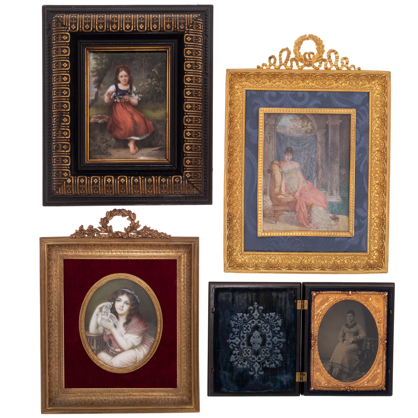 A Collection of Portrait Miniatures: A Collection of Portrait Miniatures Three gilt framed portrait miniatures on porcelain, including A portrait of a beautiful woman holding a pair of doves, signed J. Stadler (Austrian 1898-1954) Framed