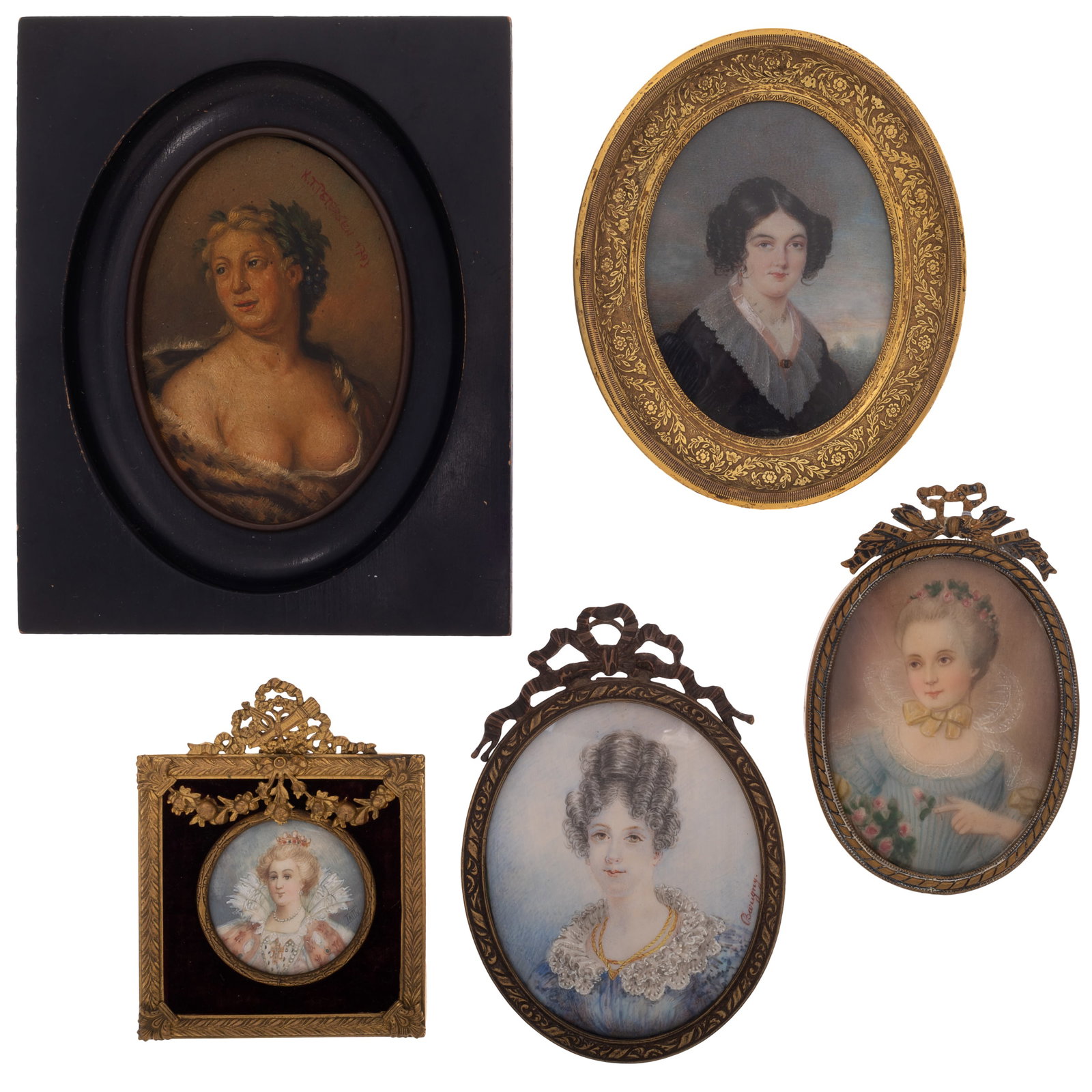 Collection of Portrait Miniatures: Collection of Portrait Miniatures A collection of 18th and 19th century, including A portrait identified as Marie de Medici, signed Taitly. in a gilt frame. 3 1/2in x 3in (9cm. x 8cm) A portrait of