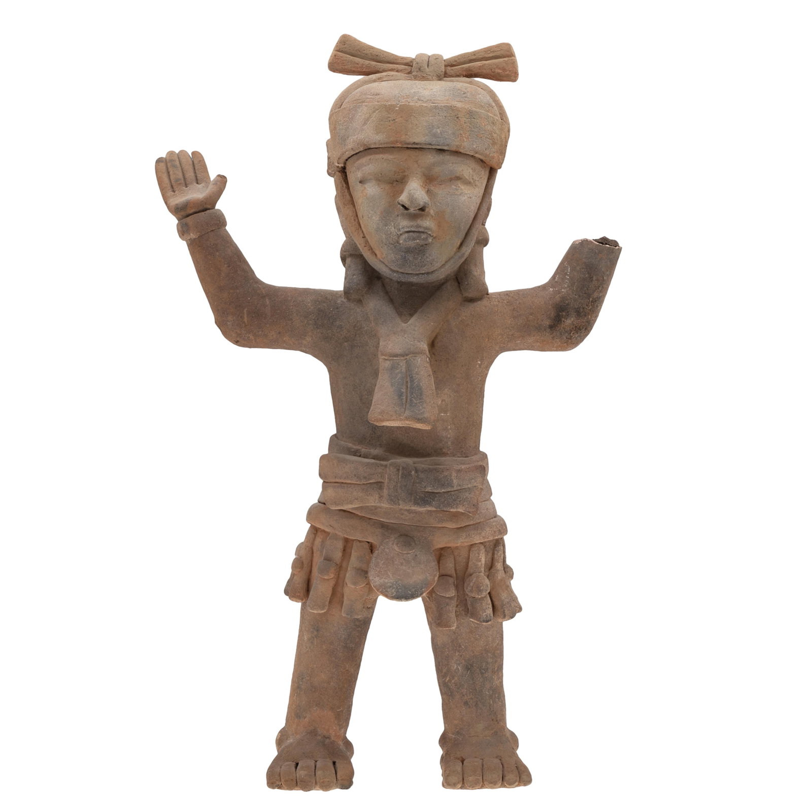 Standing Male Warrior Figure, Remojades Culture: Standing Male Warrior Figure Remojades Culture Veracruz, Mexico. 600-1200 A.D. Remojades Culture Figure wears distinctive helmet with 'bow' at top, necklace and wristbands. Clothed in wraparound