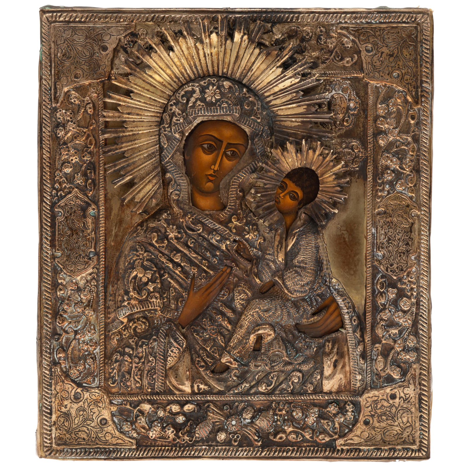 Russian Icon Mother of God of Kazan: Russian Icon Mother of God of Kazan The painted panel with a silver and gilt oklad. 13in. x 11in (33cm. x 28cm)