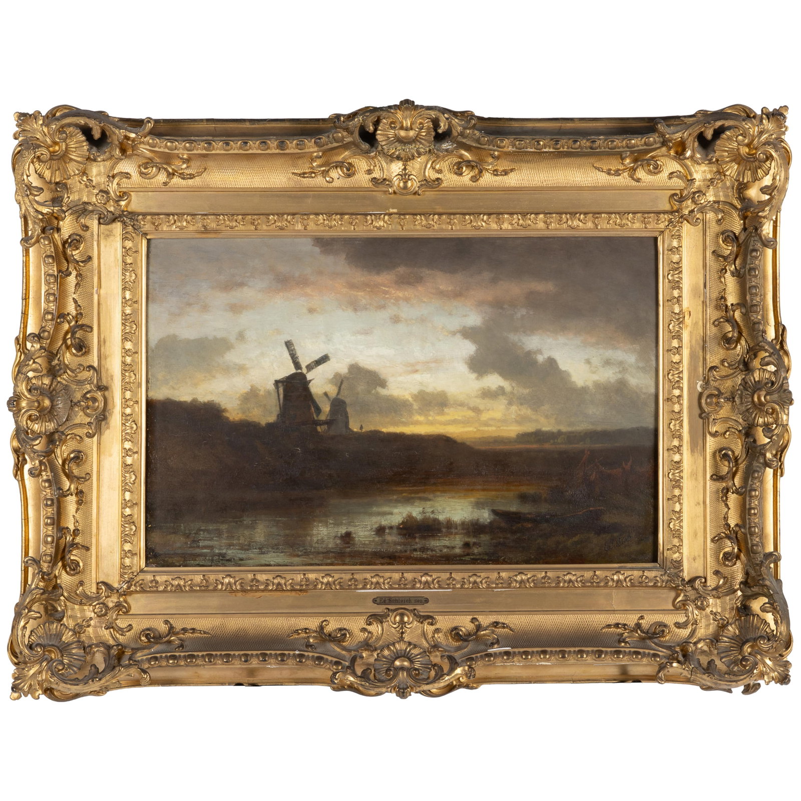 Eduard Schleich (German, 1812-1874): Eduard Schleich (German, 1812-1874) Dutch Landscape in Early Evening Oil on board, signed lower right, framed. 14 1/2 x 22in. (37 x 56cm) Framed: 26 x 33in. (66 x 84cm) Provenance: Label verso: Marion