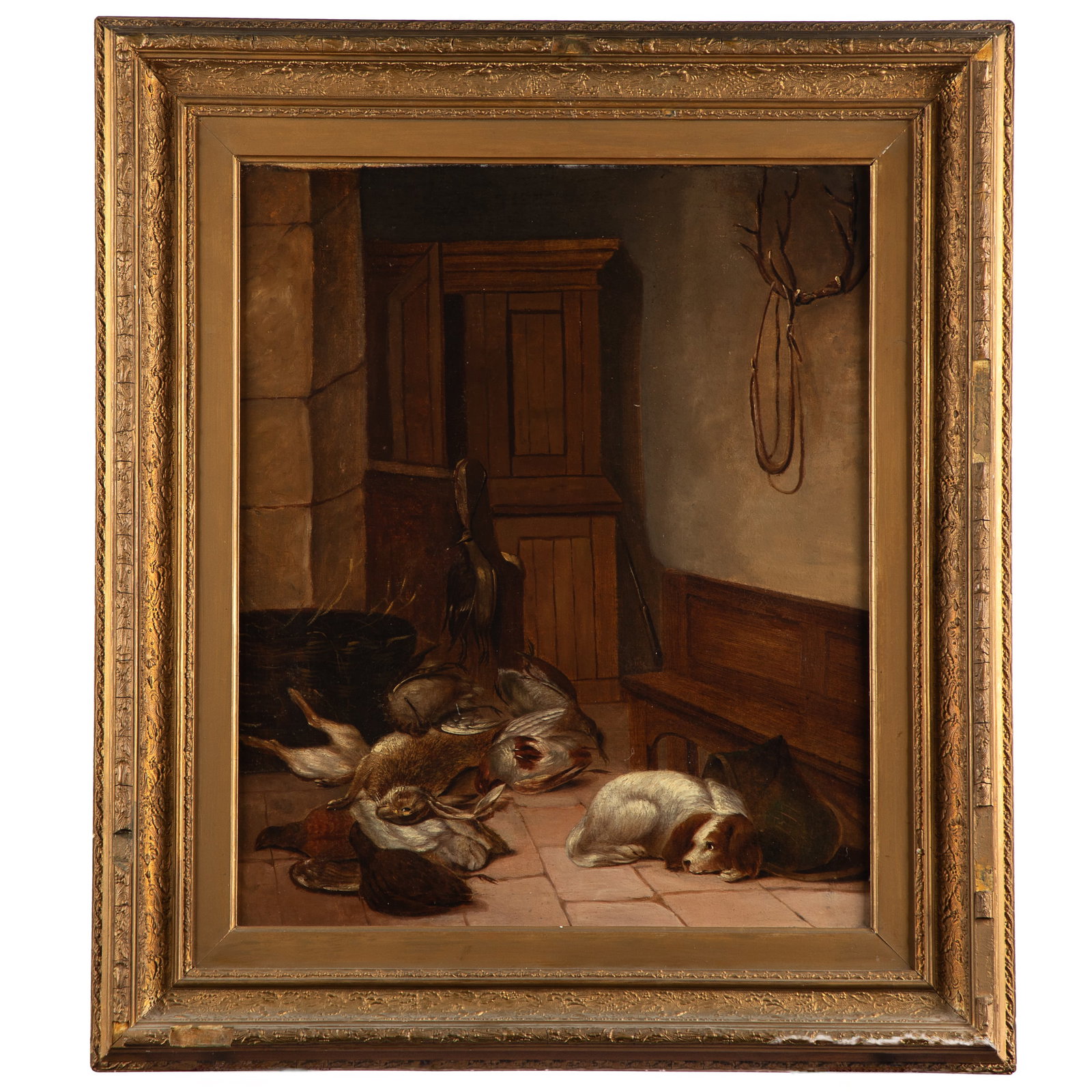 Baroque Style Gaming Trophy Still Life: Baroque Style Gaming Trophy Still Life Depicting a clutch of rabbit and fowl watched by a hound for any signs of stirring oil on canvas unsigned 23in. 19in (59cm. x 49cm) Framed: 33in. x 28in (83cm. x