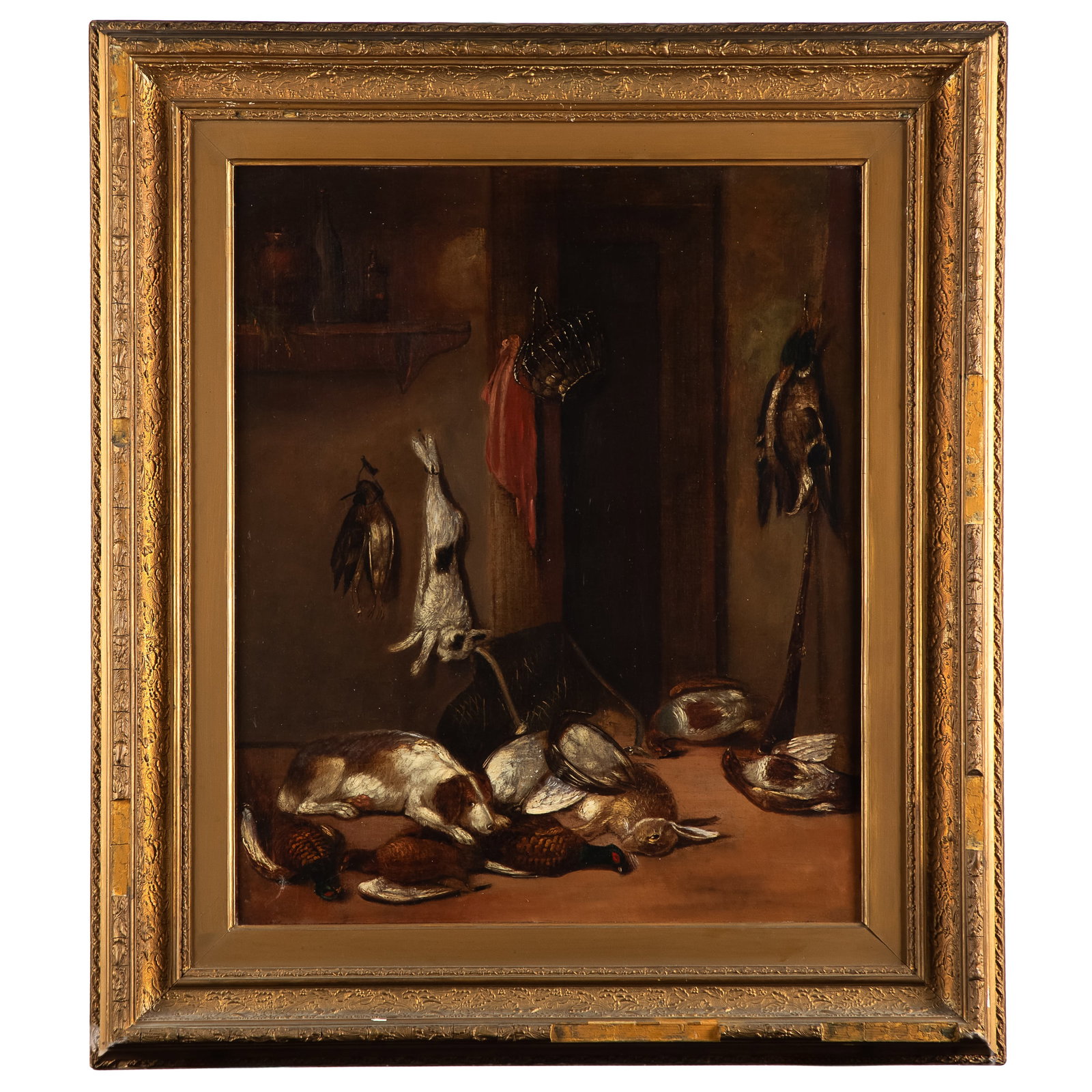 Baroque Style Gaming Trophy Still Life: Baroque Style Gaming Trophy Still Life Depicting a clutch of rabbit and fowl watched for any attempts to leave by a hound. oil on canvas unsigned 23in. 19in (59cm. x 49cm) Framed: 33in. x 28in (83cm. 