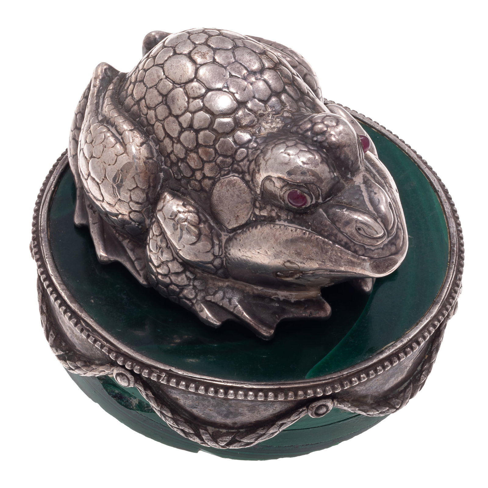 Russian Silver Frog stamped Faberge: Russian Silver Frog stamped Faberge The crouching frog perched on a malachite base 2in (5cm) h. 2 1/2in (3cm) d of base. Both stamped in Cyrillic Faberge, mark of Kokoshnik 88 Condition: The Faberge m