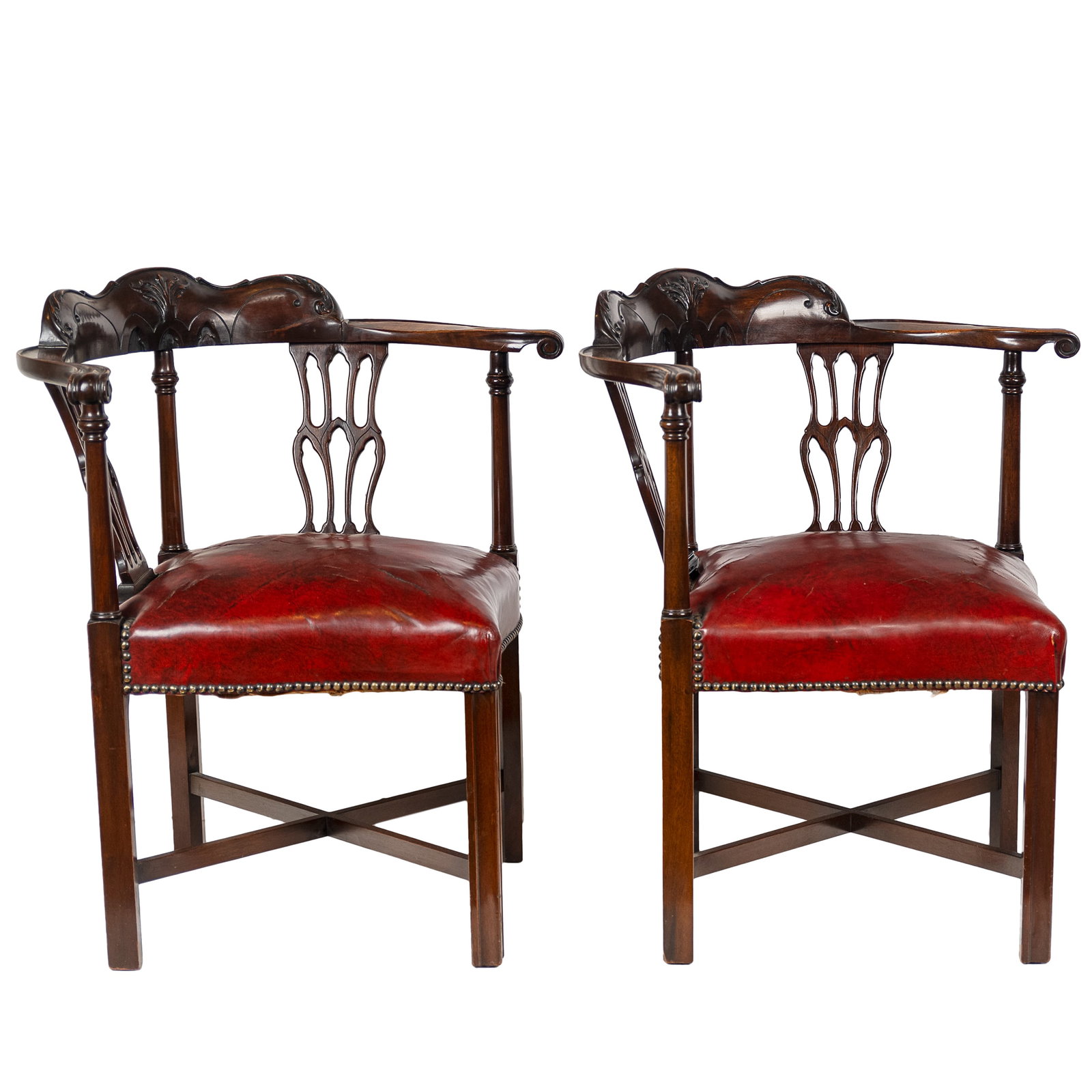 Pair of George III Style Corner Chairs: Pair of George III Style Corner Chairs Each wit an acanthus carved crest over pierced lyre form splats continuing to down scrolled arms ending in cyma scrolled terminals above nail head trimmed leathe
