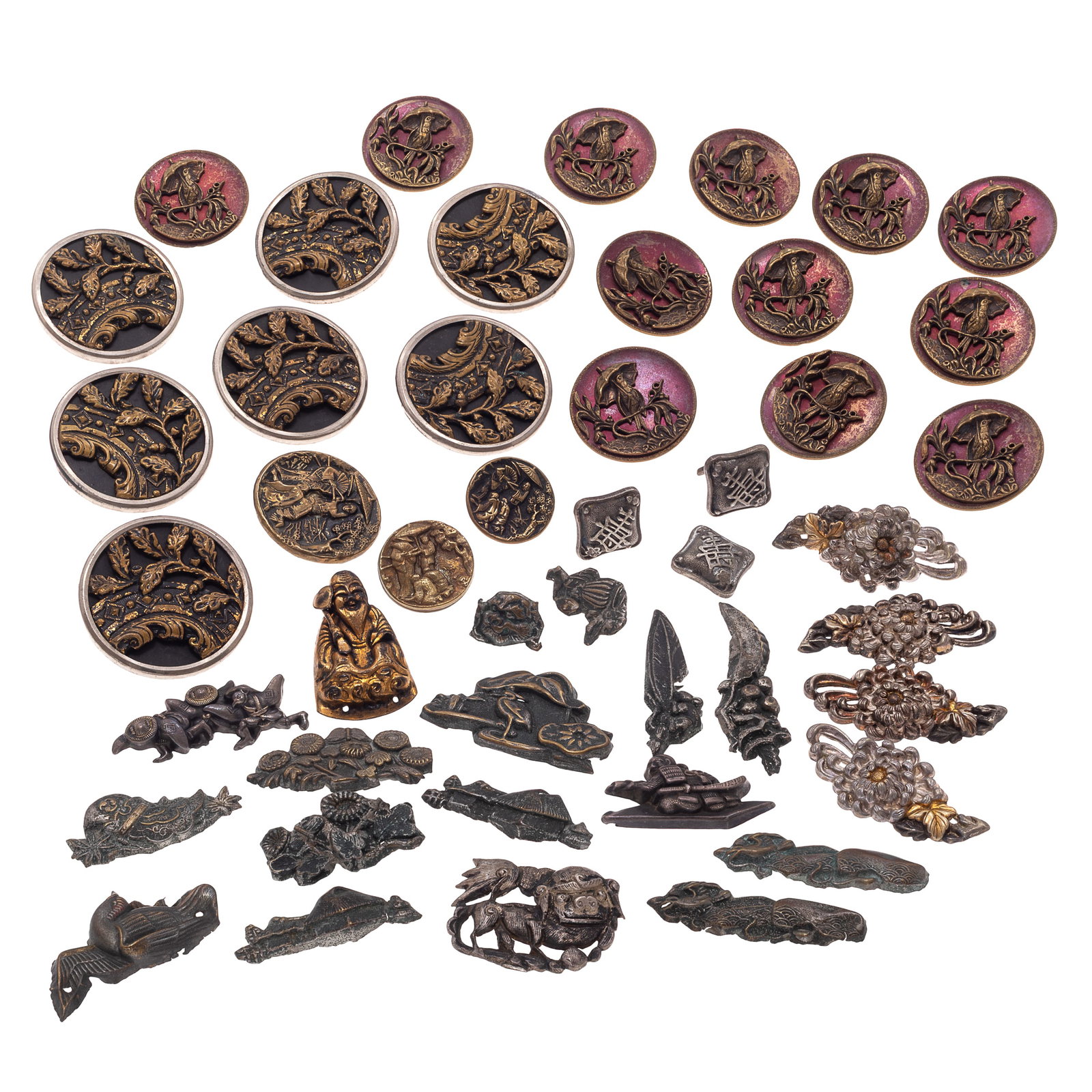 Large Group of Japanese Buttons and Japanese and Chinese Metal Ornaments: Large Group of Japanese Buttons and Japanese and Chinese Metal Ornaments Comprising a collection of Japanese buttons together with assorted Japanese and Chinese metal ornaments, including figures, flo