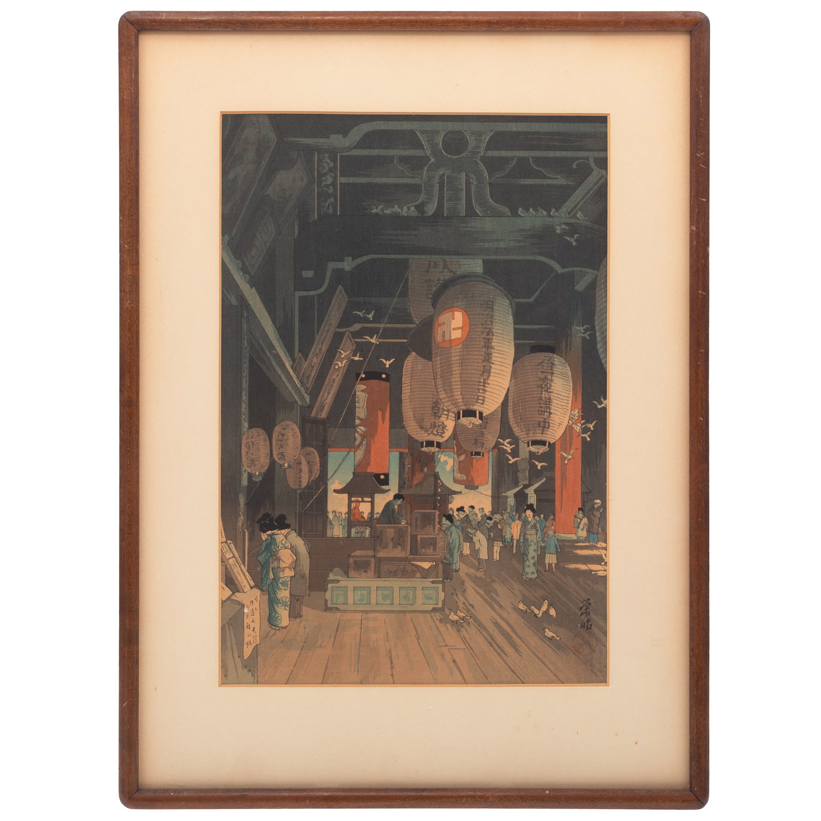Woodblock Print Narazaki Eisho (Japanese, 1864-1936): Woodblock Print Narazaki Eisho (Japanese, 1864-1936) 'Interior of Asakusa Kannon Temple' Depicting the interior of Asakusa Kannon Temple in Tokyo, featuring large hanging lanterns. Circa 1932. 13in. x