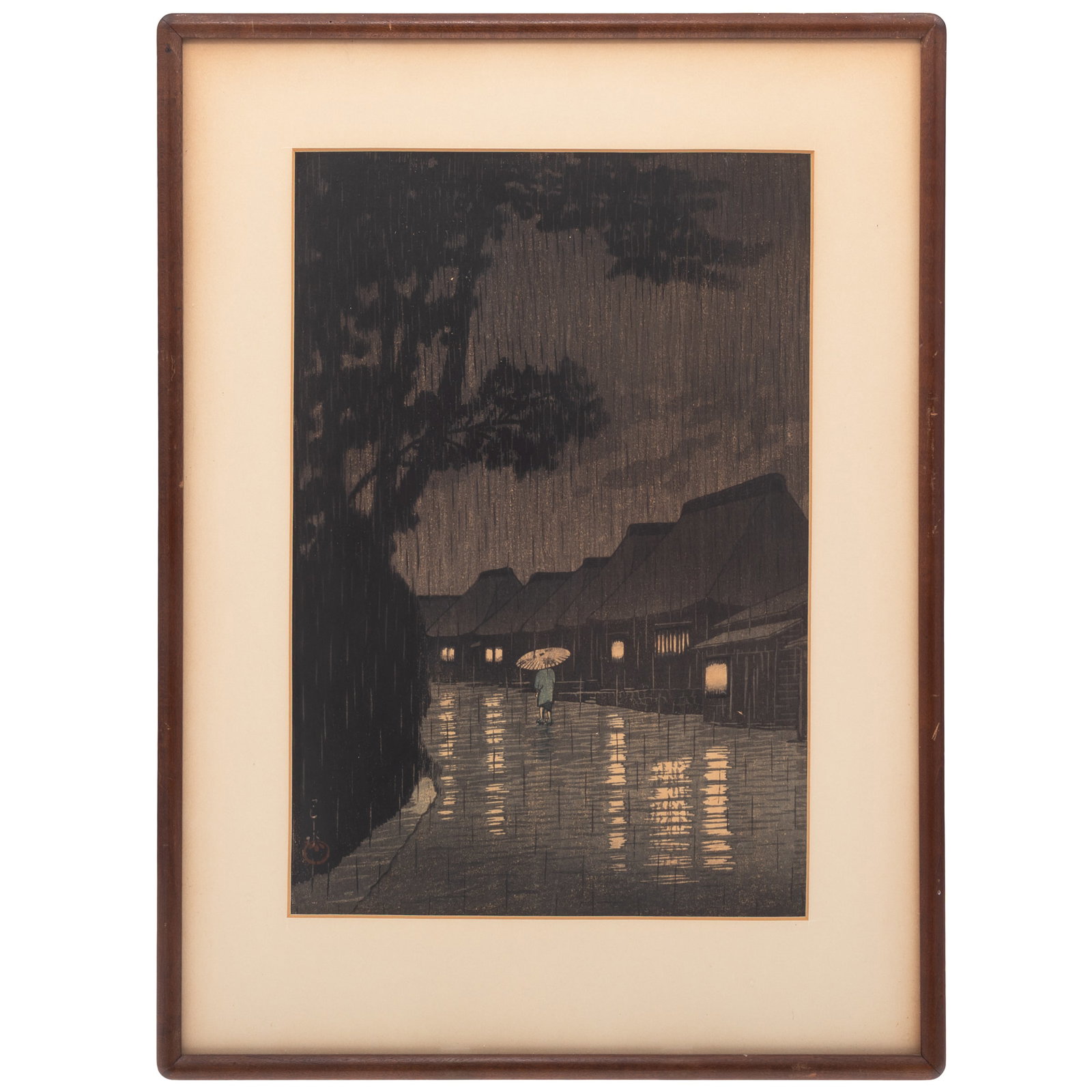 Hasui Kawase Woodblock Print: Hasui Kawase Woodblock Print 'Rain in Maekawa, Soshu' 13 1/2in x 9in (34cm. x 23cm) Framed: 18 1/2in. x 14in (27cm. x 37cm) Hasui Kawase (1883â€“1957) was a major Japanese printmaker and master o