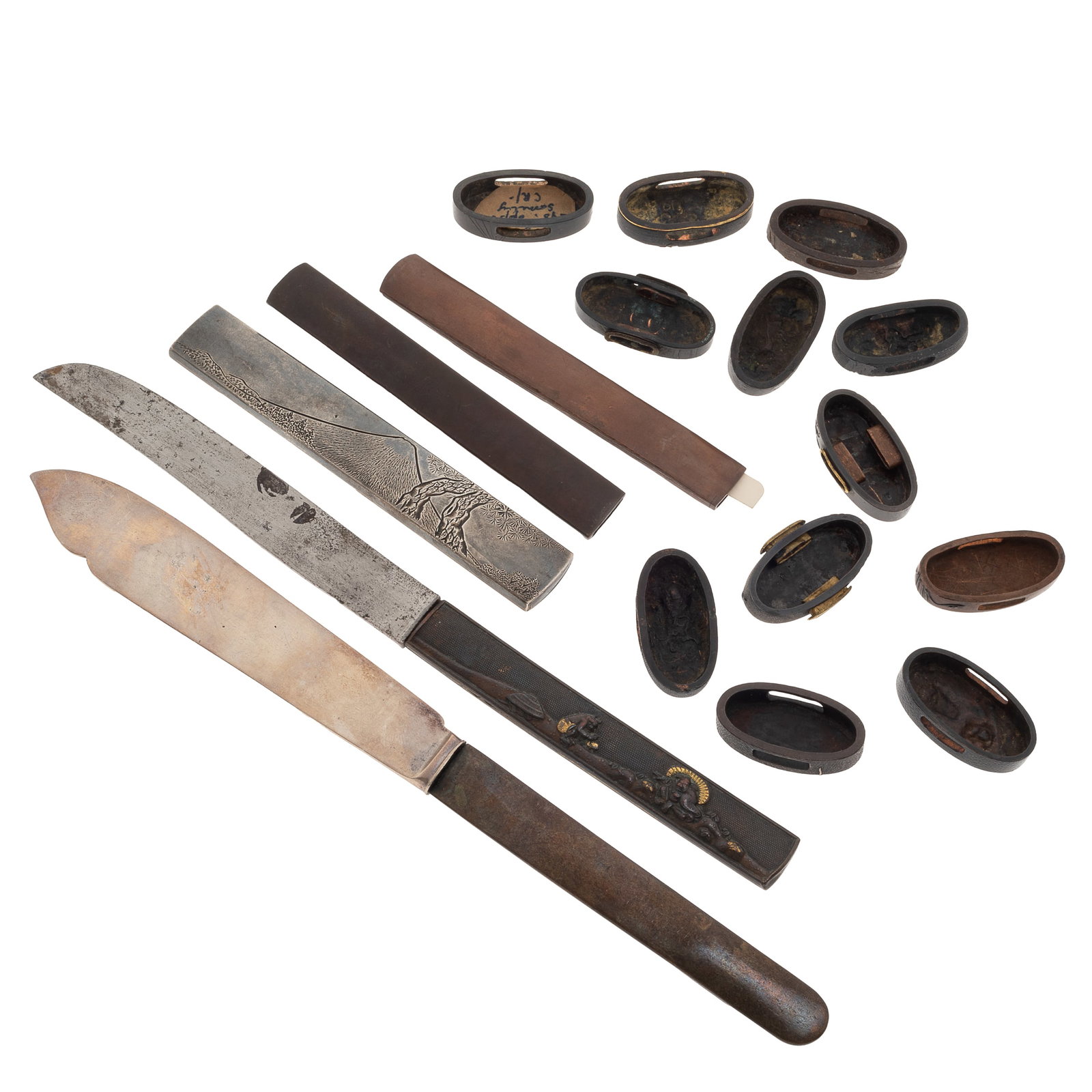 Large Group of Japanese Sword Fittings and Related Metalwork: Large Group of Japanese Sword Fittings and Related Metalwork Edo to Meiji Period,18th-19th Century. Comprising 20 pieces total 1. Three Kozuka knife handles: in shakudo and copper with gold and silver