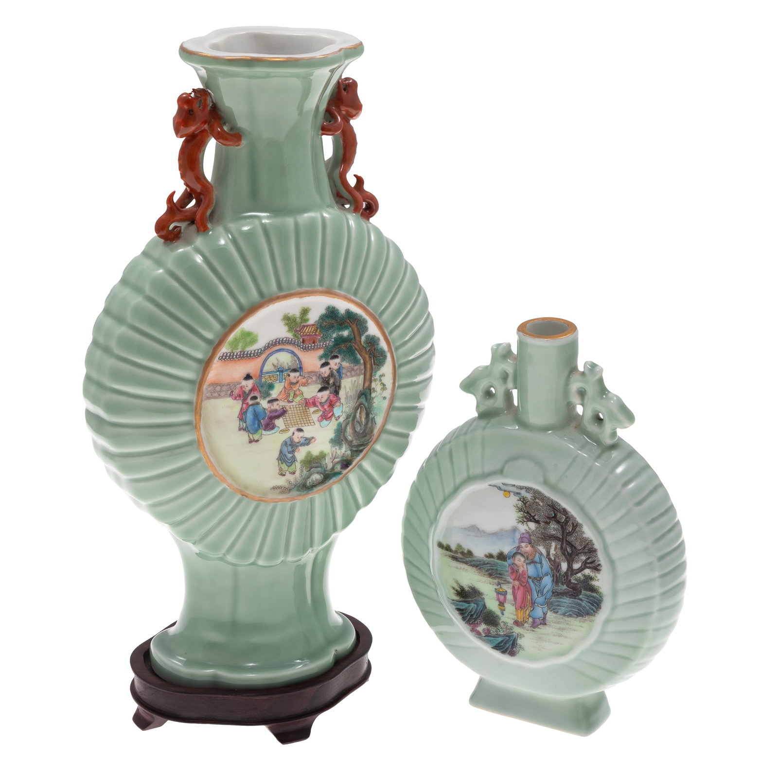 Two Chinese Celadon Moon Flask Vases: Two Chinese Celadon Moon Flask Vases 20th Century Comprising: First is a larger vase of compressed circular form with a tall flaring neck, molded lobed body and flanked by a pair of reddish orange gla