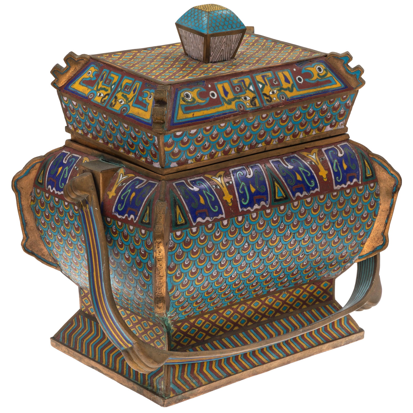 Large Chinese Cloisonné Enamel Archaistic Ritual Wine Vessel, Yu: Large Chinese Cloisonné Enamel Archaistic Ritual Wine Vessel, Yu With cover. Late Qing Dynasty to early 20th century. The imposing vessel was inspired by archaic bronze Yu vessels of the Shang and Zh