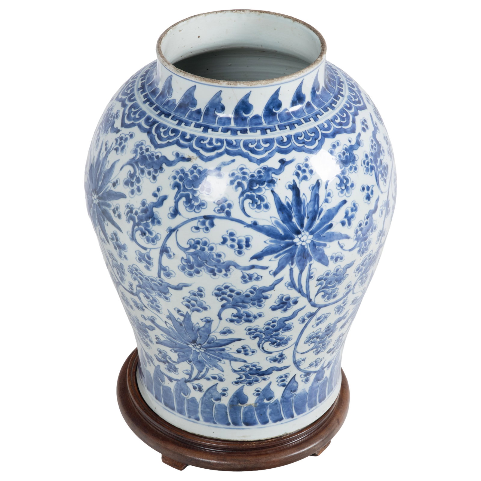 Chinese Blue and White Lotus Scroll Jar: Chinese Blue and White Lotus Scroll Jar Qing Dynasty, Kangxi Style. The ovoid body rising from a spreading foot to a short waisted neck, boldly painted in underglaze cobalt blue with a continuous lotu