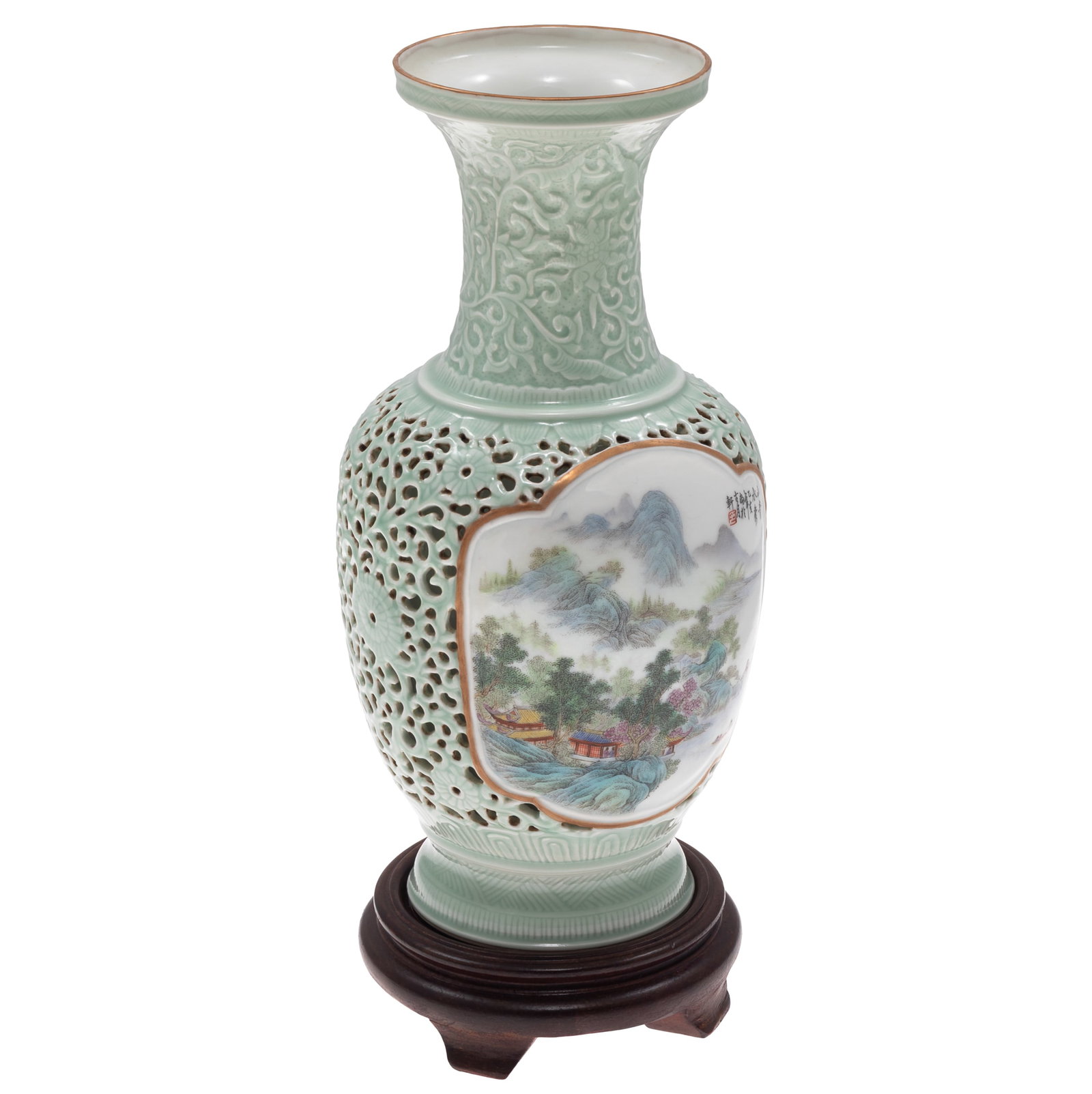 Chinese Celadon Landscape Panel Vas (1 of 6)