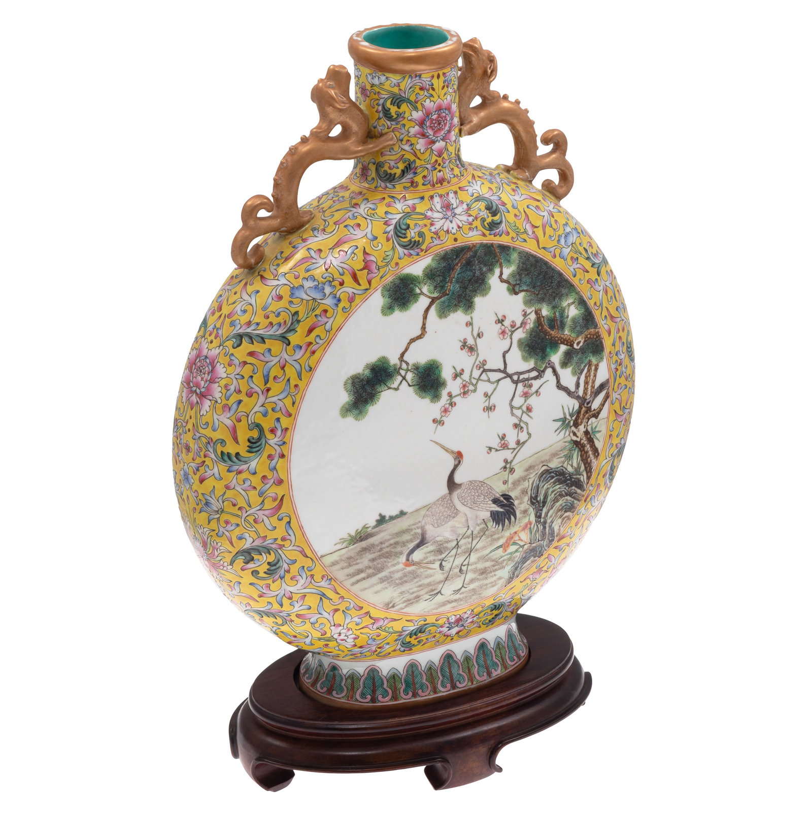 Chinese Famille Rose Moon Flask, 20th Century: Chinese Famille Rose Moon Flask 20th Century A finely potted Chinese famille rose porcelain moon flask of compressed circular form, rising from an oval foot to a cylindrical neck flanked by a pair of 