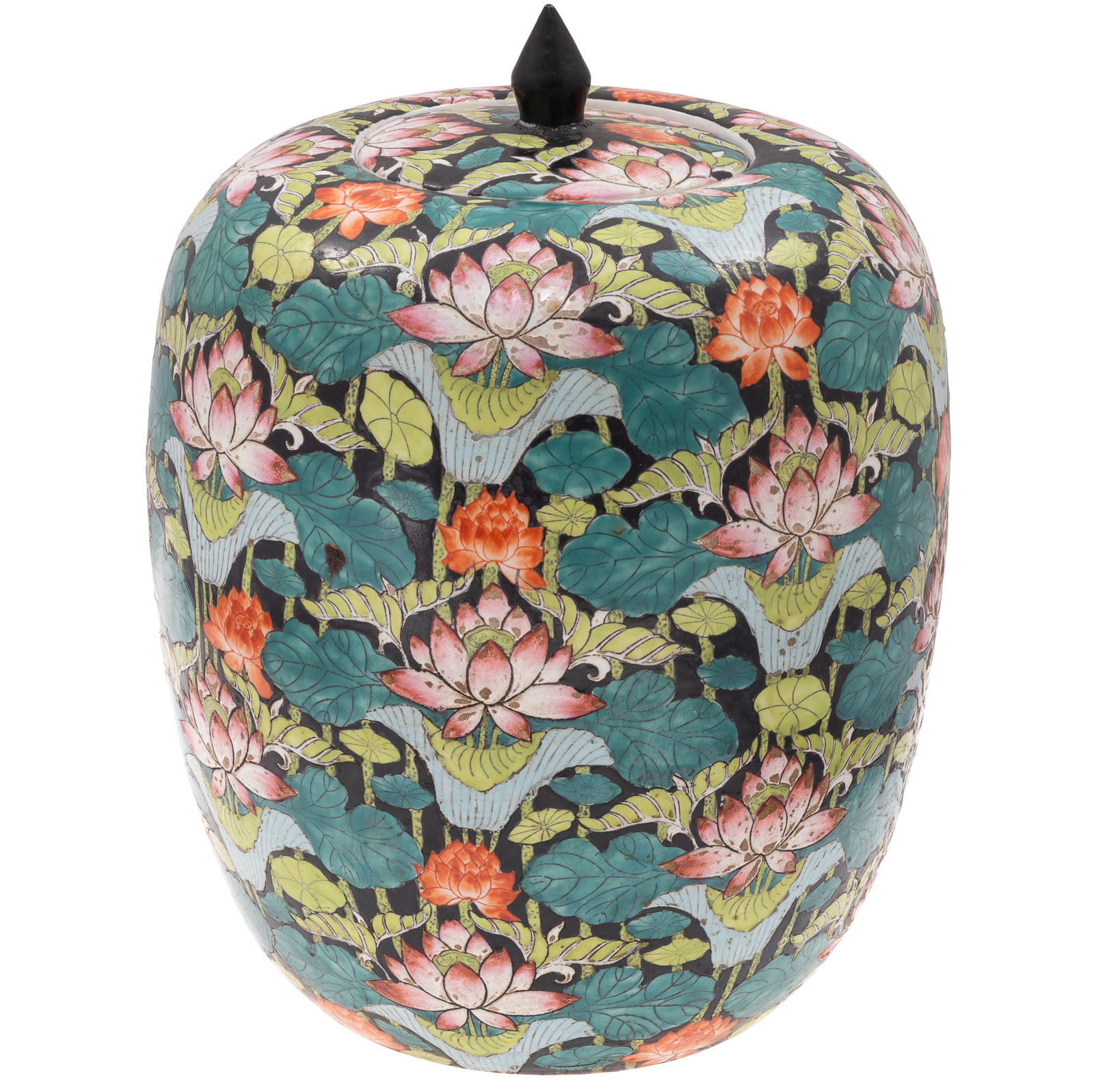 Chinese Famille Noire Porcelain Ginger Jar and Cover, Xiangfeng Mark: Chinese Famille Noire Porcelain Ginger Jar and Cover, Xiangfeng Mark Of rounded oval form, the jar and domed cover finely enameled with lotus blossoms, seed pods, broad leaves, and aquatic plants rese
