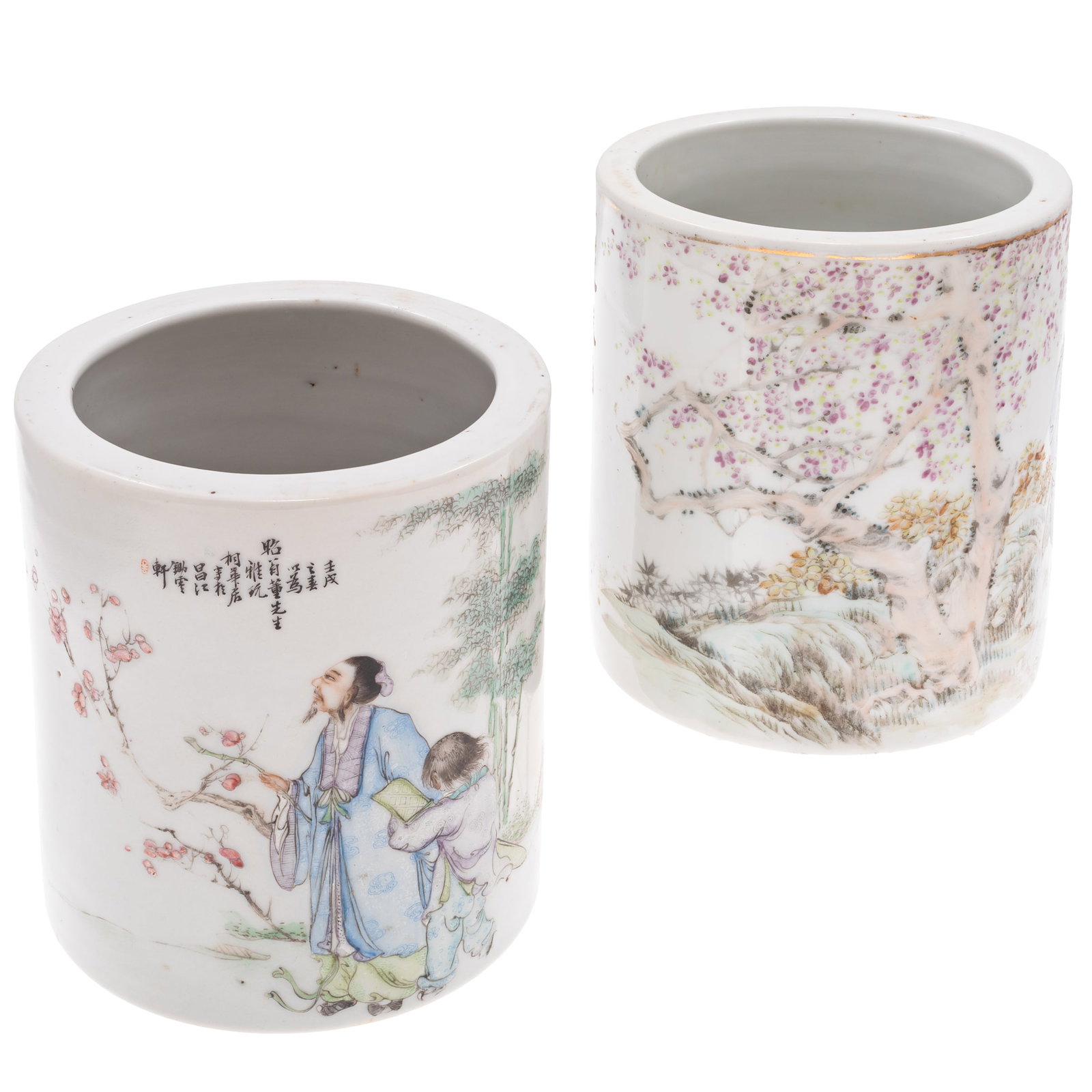 Two Chinese Famille Rose Enameled Porcelain Brush Pots: Two Chinese Famille Rose Enameled Porcelain Brush Pots Late Qing Dynasty, Republic Period. Each of cylindrical form, finely enameled in the famille rose palette with continuous literati scenes. One br