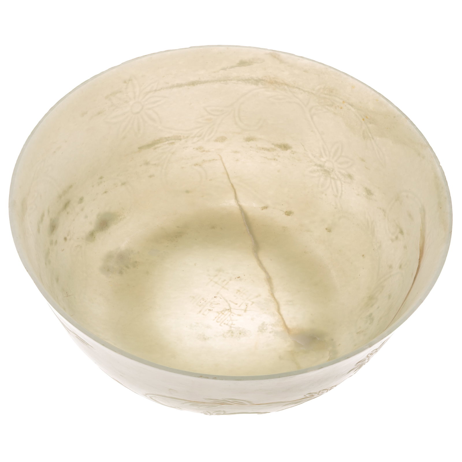 Chinese Pale Celadon Jade Bowl: Chinese Pale Celadon Jade Bowl The rounded sides rising from a short recessed foot to a gently flaring rim, the exterior finely carved in low relief with a continuous flowering and fruiting scroll, th