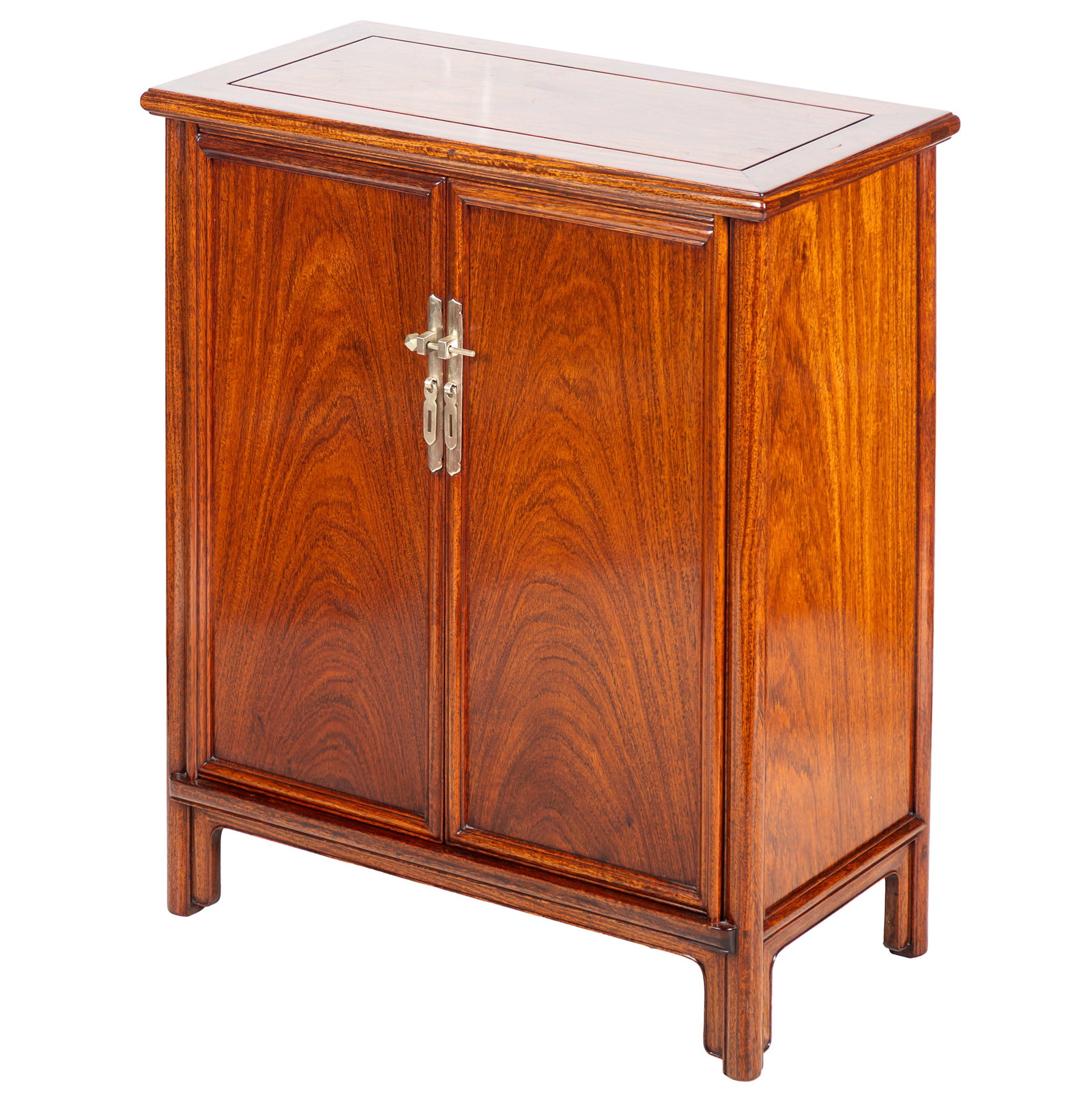 Contemporary Rosewood Chinese Cabinet: Contemporary Rosewood Chinese Cabinet With two doors opening to a shelved interior, molded stiles continuing to square feet. 25in (64cm) h. 20in (5 1cm) w. 10in (25cm) d Condition: Very good, as new.