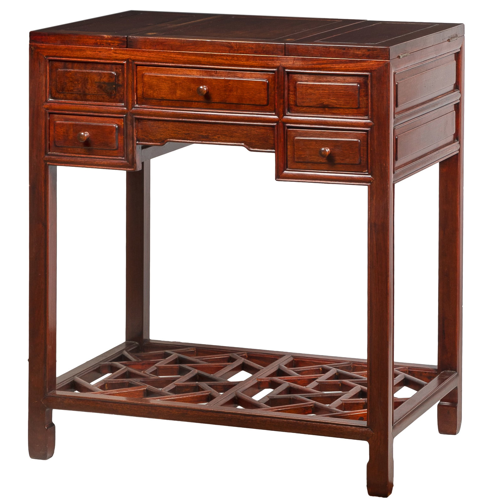 Chinese Export Rosewood Dressing Table: Chinese Export Rosewood Dressing Table 20th Century Th rectangular top with central hinged cabinet lifting to reveal a mirror, flanked by hinged cabinets with divided interiors raised on molded legs j